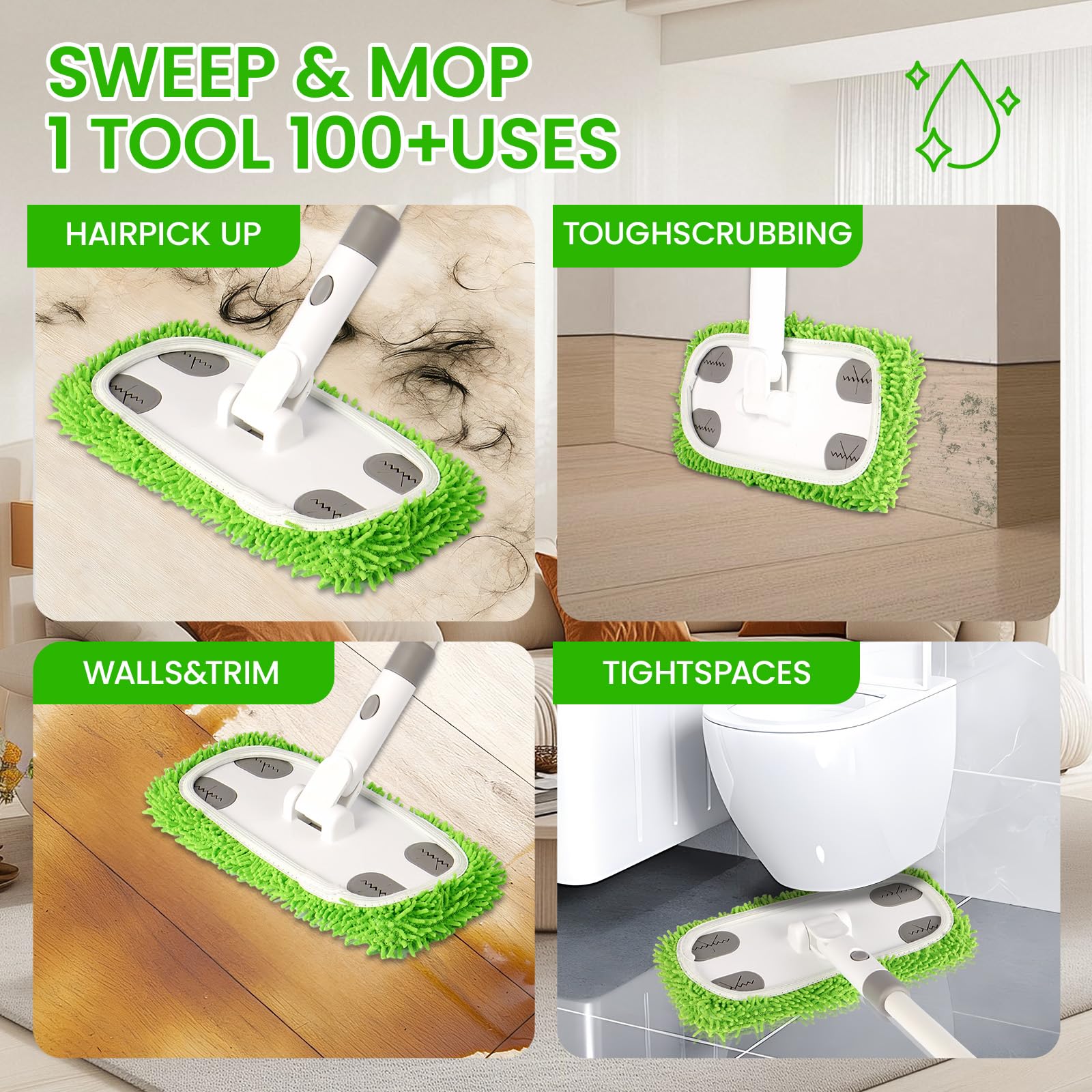 ZHAYAO Reusable Microfiber Floor Mop System, Wet & Dry Sweeper Kit, Includes 1 Sweeper Handle, 3 Washable Chenille Mop Pads, Dry & Wet Use
