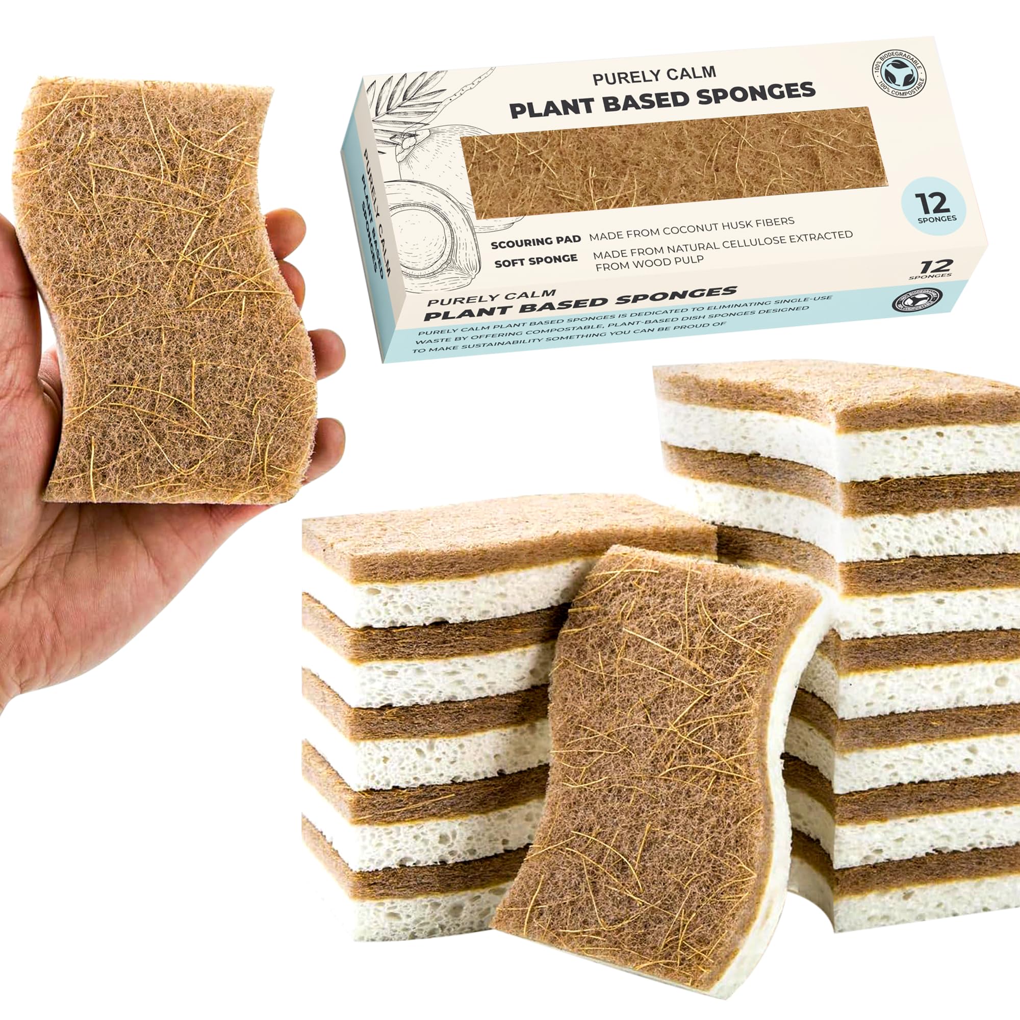 Purely Calm Plant Based Natural Sponge - Pack of 12 Cellulose Sponges, Safe on Non-Stick Cookware, Dual Sided Dish Sponge for Washing Dishes, Kitchen