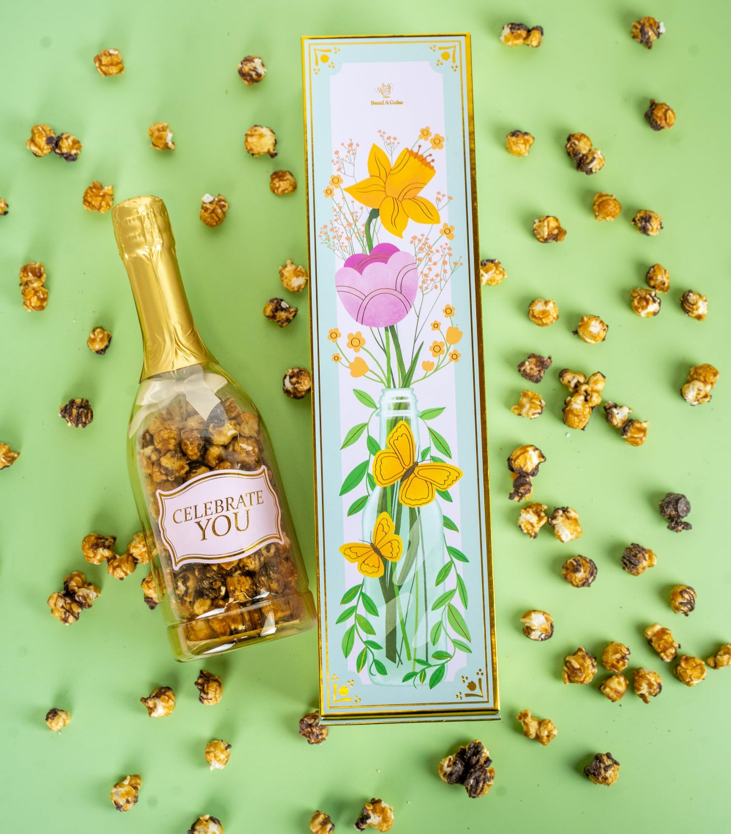 Birthday Floral Bubble Box with Chocolate Popcorn by Send A Cake, Ready to Gift, No Assembly Required - Unique Happy Birthday Gift for Women, Men