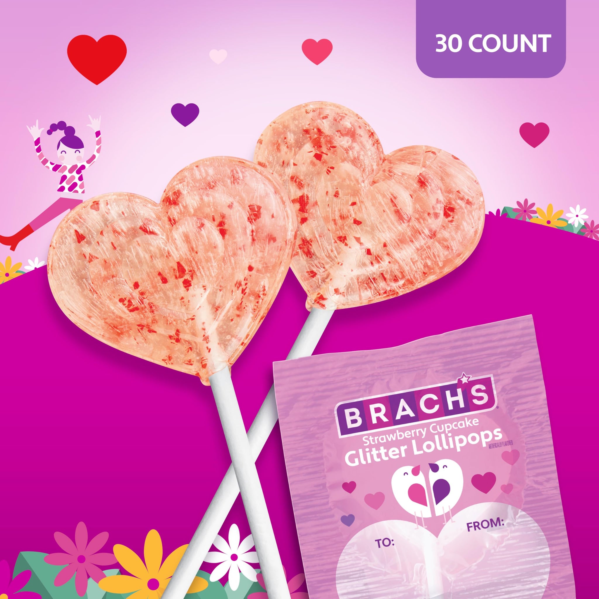 Brach’s Strawberry Cupcake Glitter Lollipops, Valentine's Day Candy, Individually Wrapped, 30 count
