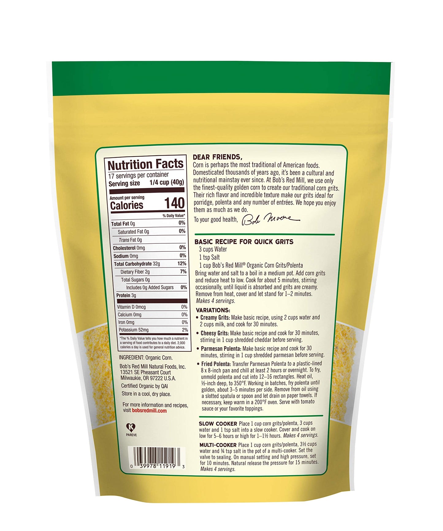 Bob's Red Mill Organic Corn Grits / Polenta, 24oz (Pack of 1) - Vegan, Kosher