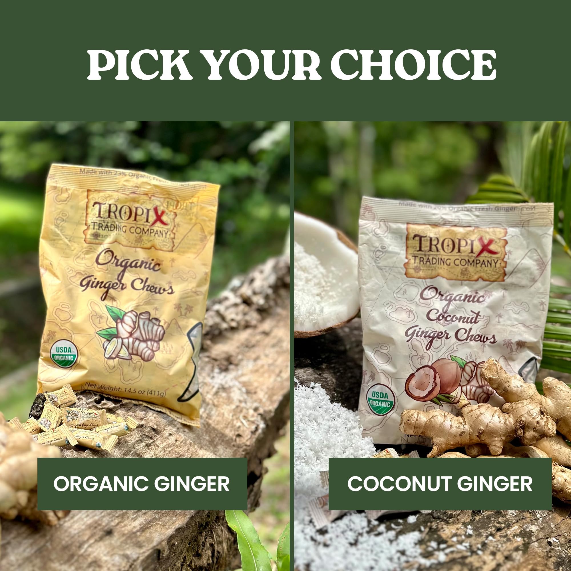 Tropix Trading Company - Organic Ginger Chews, Sweet and Spicy Ginger Chews Made From USDA Fresh Ginger, Non-GMO and No Added Flavorings, Vegan