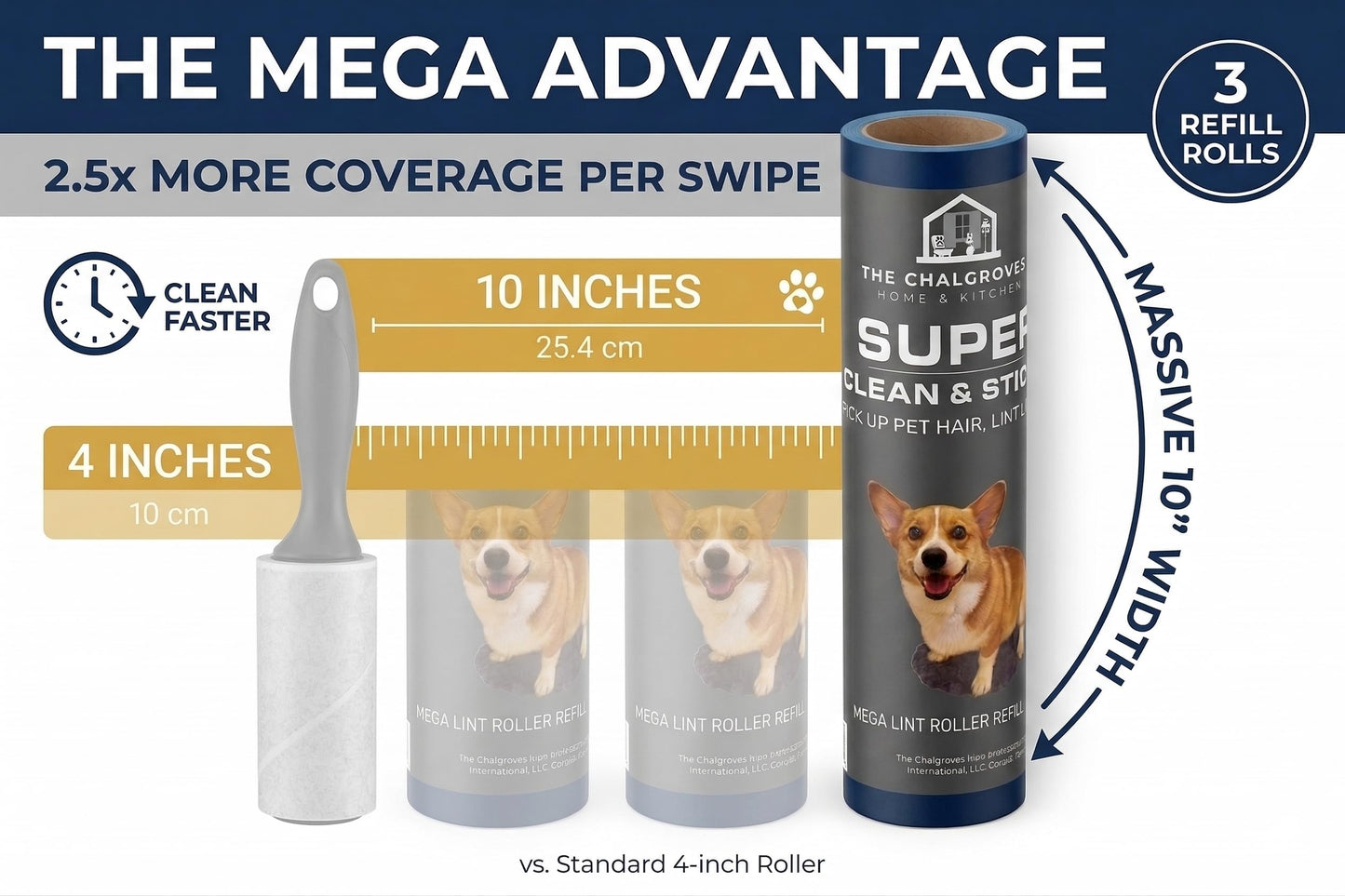 The Chalgroves 10 Inch Mega Lint Roller Refills (3 Pack, 150 Sheets) - Extra Sticky Pet Hair Remover, Compatible with Evercare, Layers & Smart Design