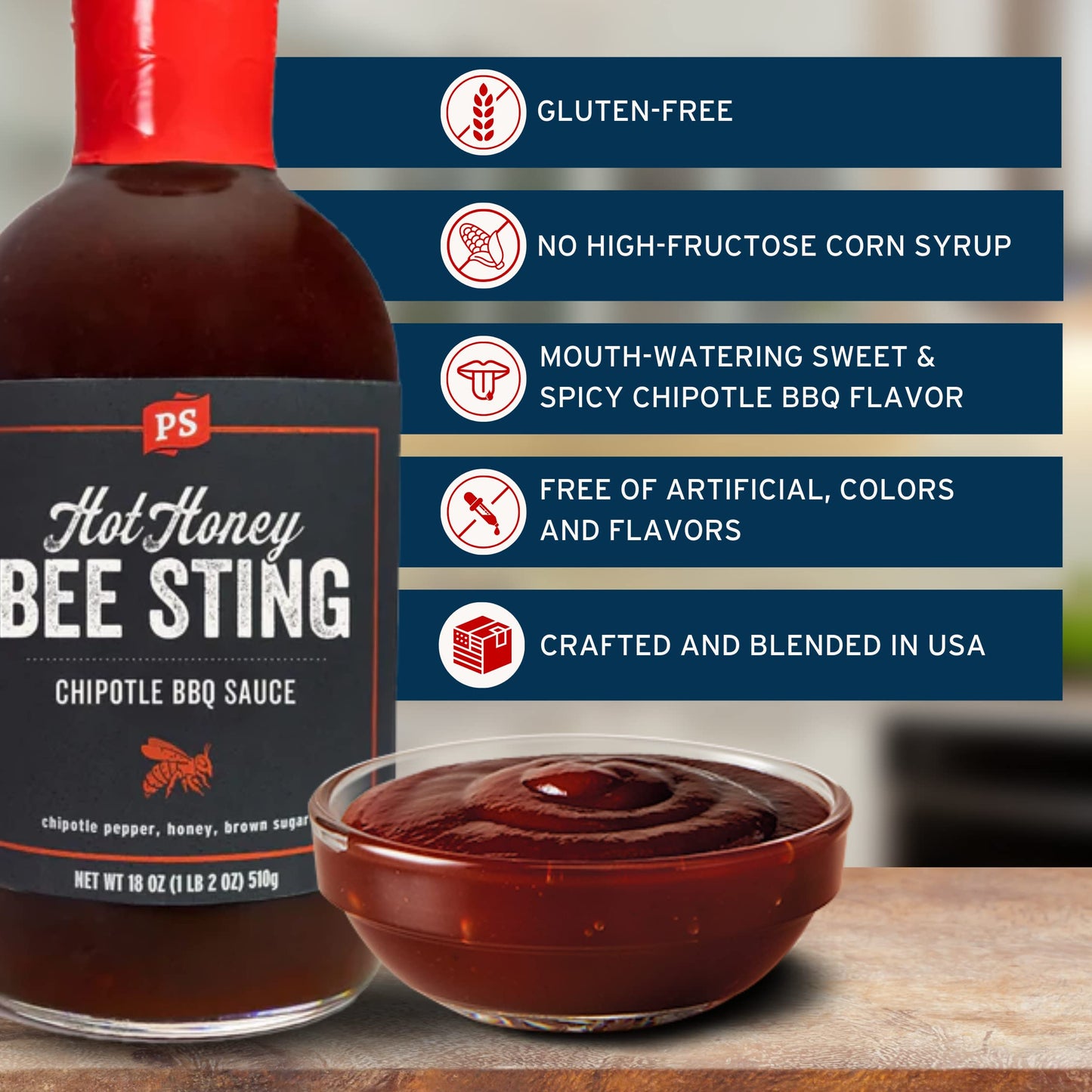 PS Seasoning Hot Honey Bee Sting Chipotle BBQ Sauce - All-Purpose Glaze, Marinade, Baste, and Dip - Sweet and Spicy Grilling Sauce for Chicken Wings