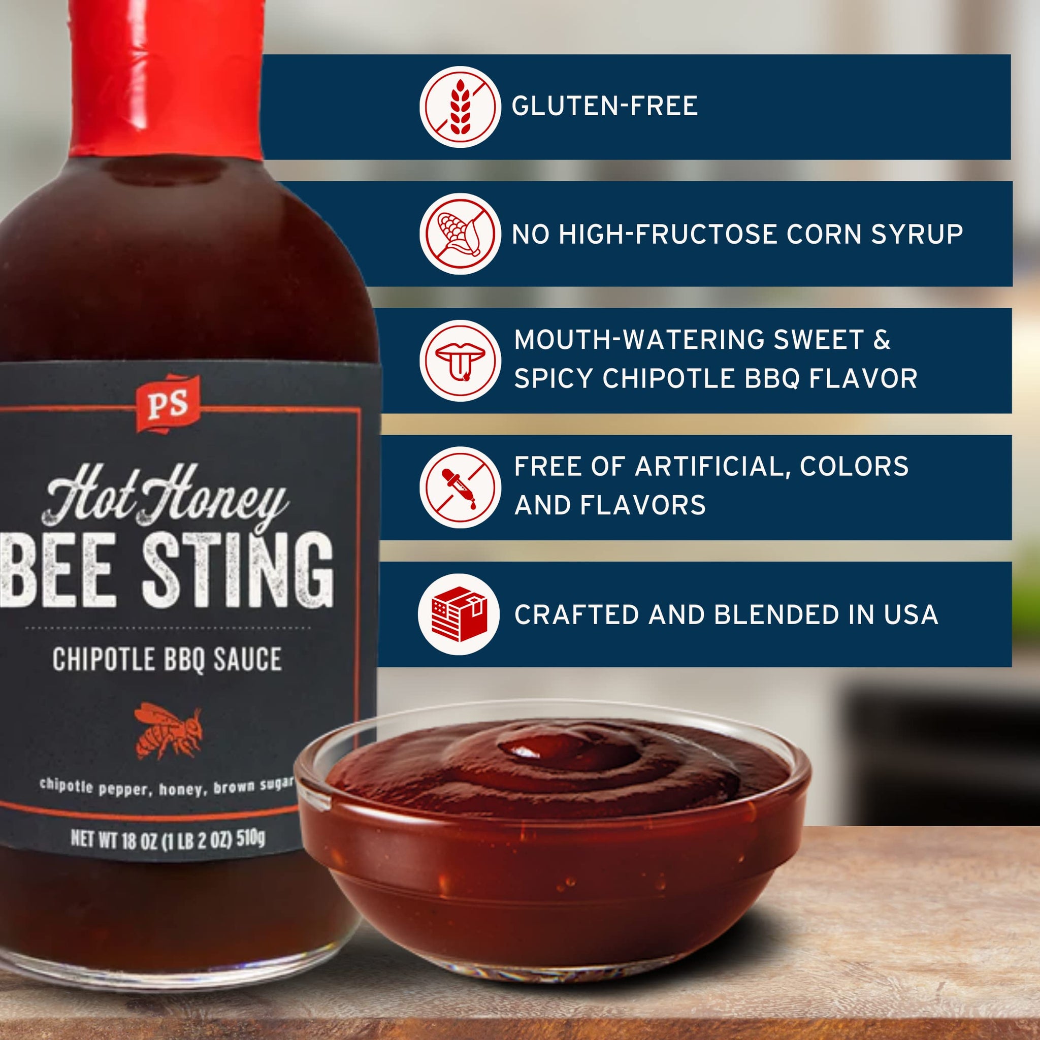 PS Seasoning Hot Honey Bee Sting Chipotle BBQ Sauce - All-Purpose Glaze, Marinade, Baste, and Dip - Sweet and Spicy Grilling Sauce for Chicken Wings