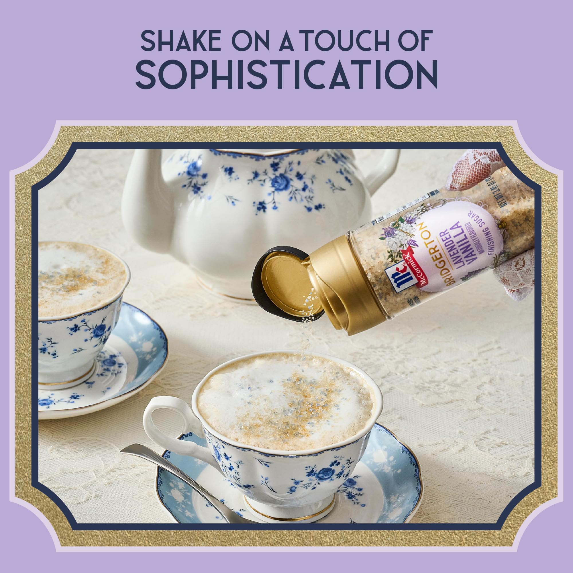 McCormick Bridgerton Finishing Sugar, Lavender Vanilla, Limited Edition, Floral Lavender Notes, Smooth Vanilla Flavor, For Cakes, Cocktails, Matcha Tea, and More, 3.45 oz