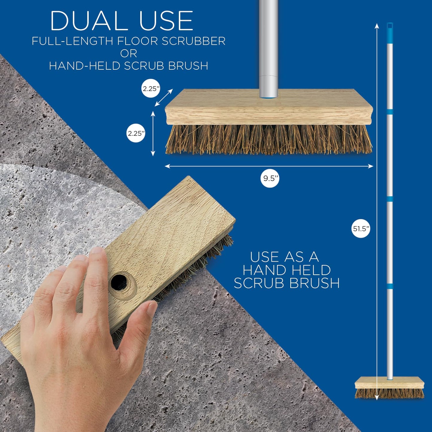 LOLA Deck Scrub Brush, 9" x 3.5" Head w/Palmyra Bristles for Outdoor Cleaning, Removes Dirt & Grime from Patios, Decks, Grout, 1 Count