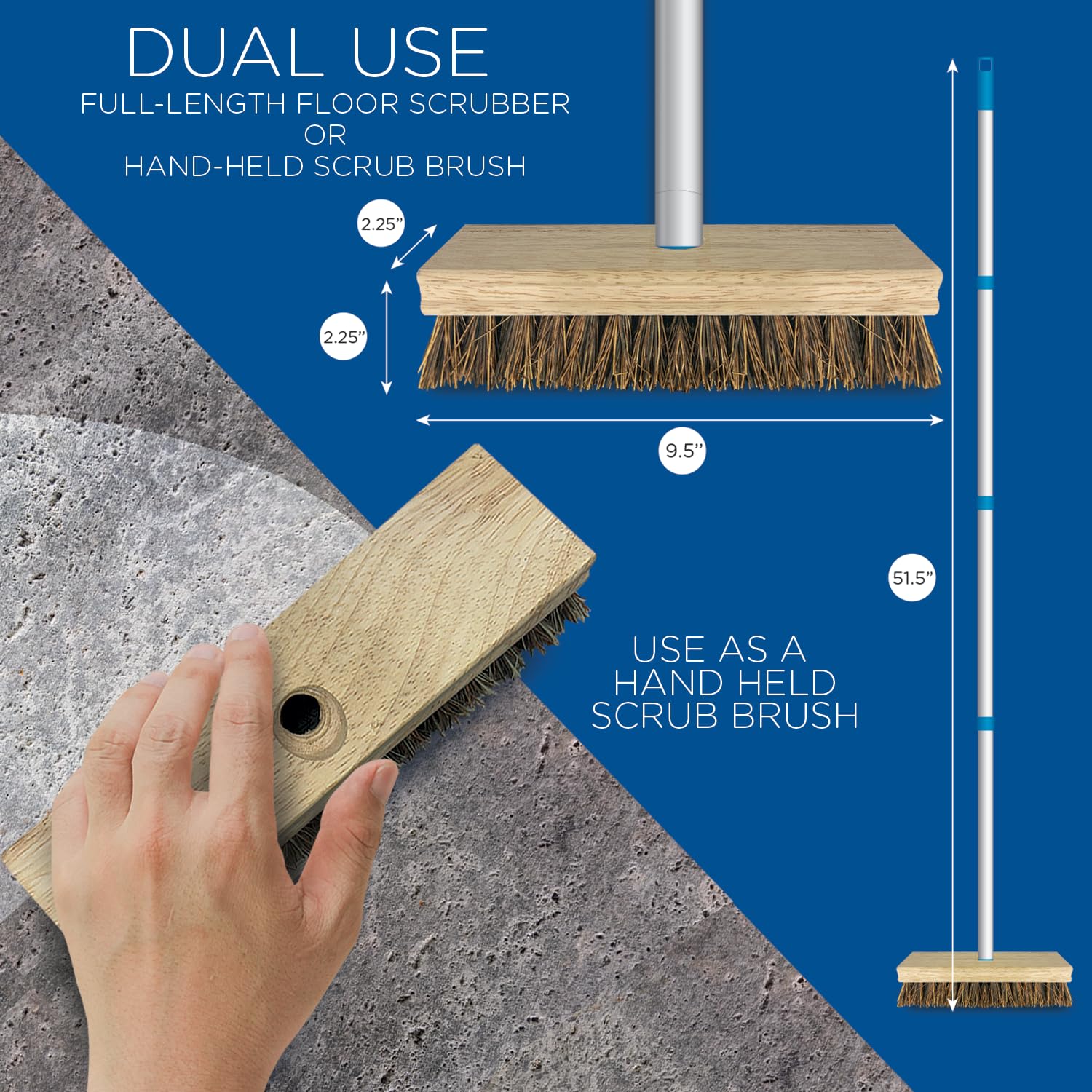 LOLA Deck Scrub Brush, 9" x 3.5" Head w/Palmyra Bristles for Outdoor Cleaning, Removes Dirt & Grime from Patios, Decks, Grout, 1 Count