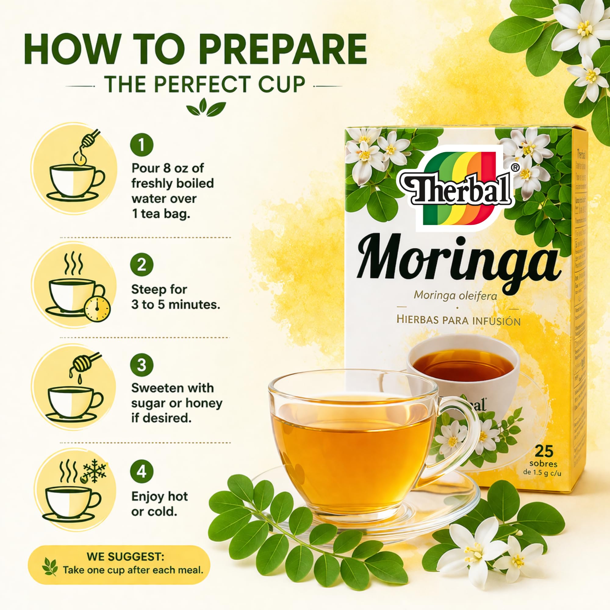 Moringa Té (Moringa Oleifera Tea) - 25 Tea Bags - Vegan, 100% Natural - Premium Therbal Brand