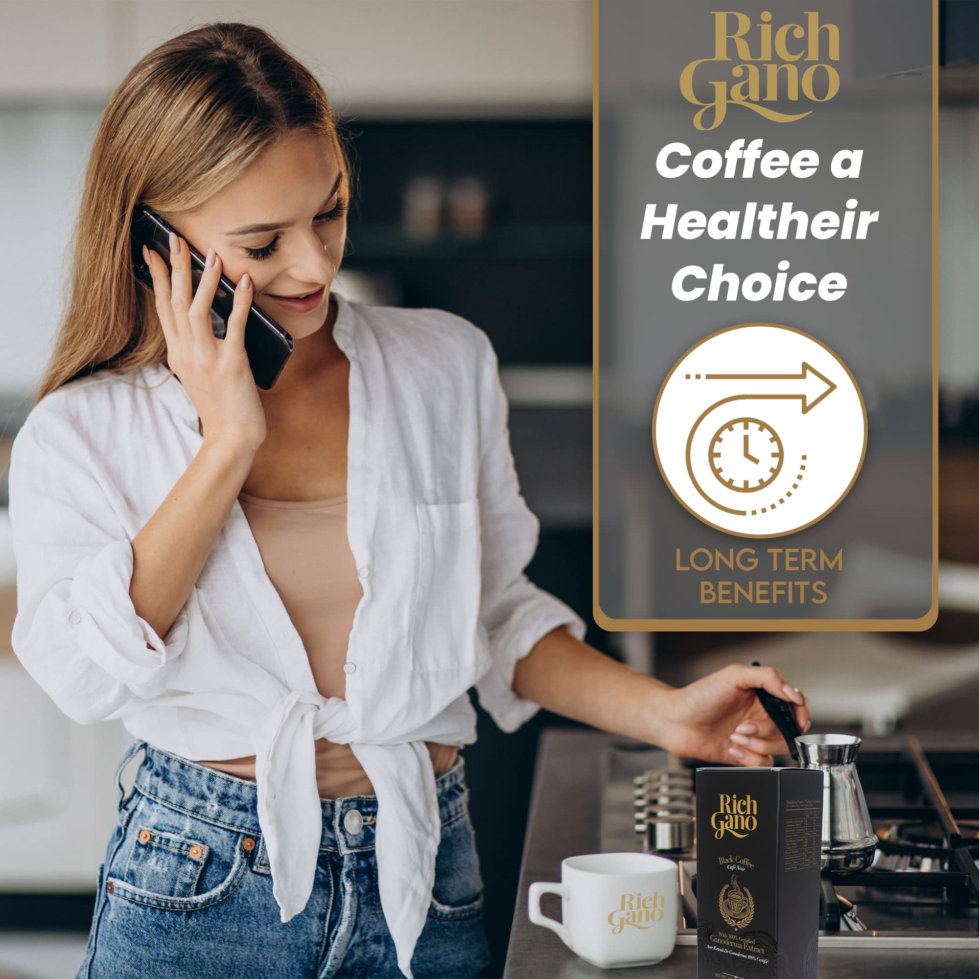 Rich Gano Reishi Mushroom Coffee - (4 Boxes of 30 Sachets) Black Coffee with Ganoderma Extract - All Natural Vegan Friendly Instant Coffee Packets