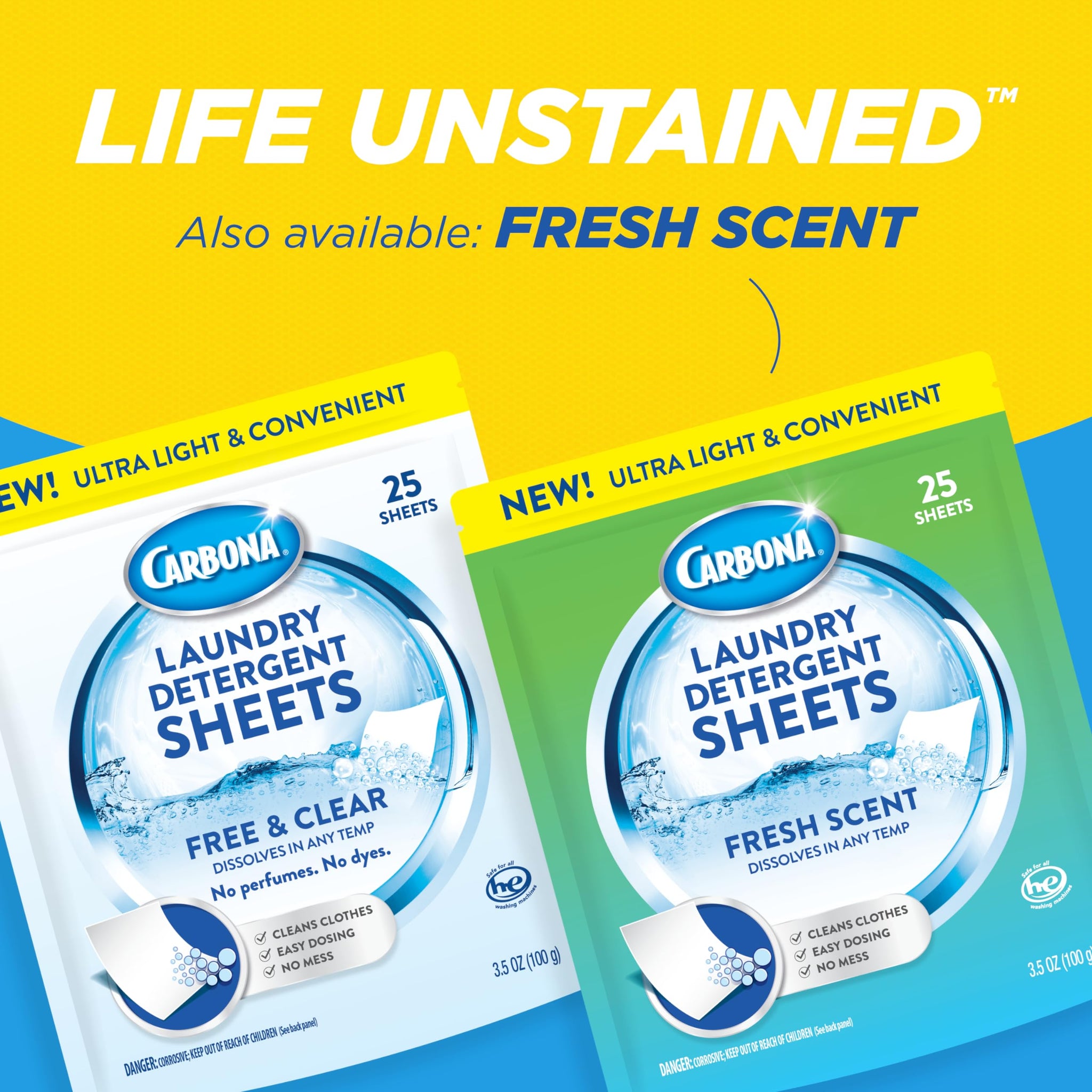 Carbona Laundry Detergent Sheets | Eco-Friendly Washing Detergent | Up to 50 Loads (25 Sheets) | Stain Remover | No Perfume or Dyes | Free & Clear