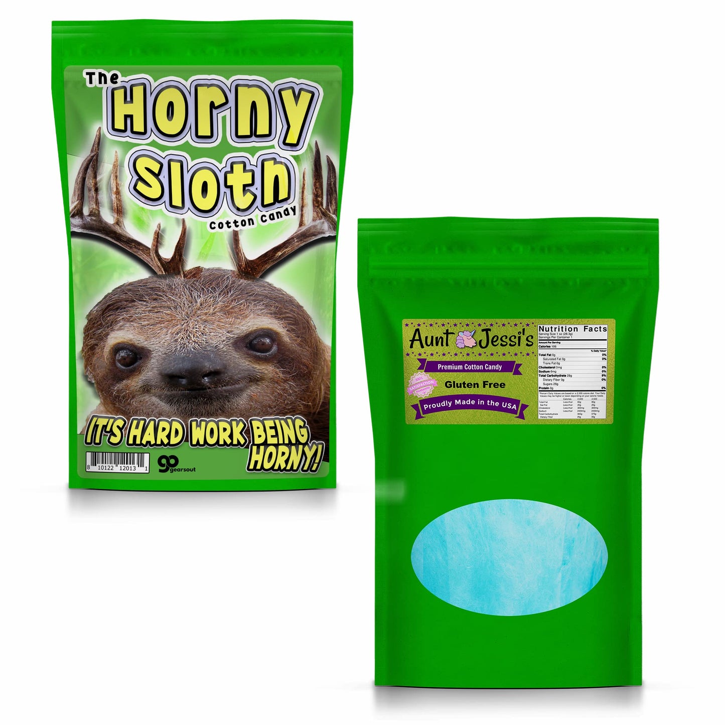 Horny Sloth Blue Cotton Candy, Gourmet Novelty Candy for Adults, Gluten-Free Fun Candy Gift Basket Filler Item for Women and Men, Unique Candy Gag