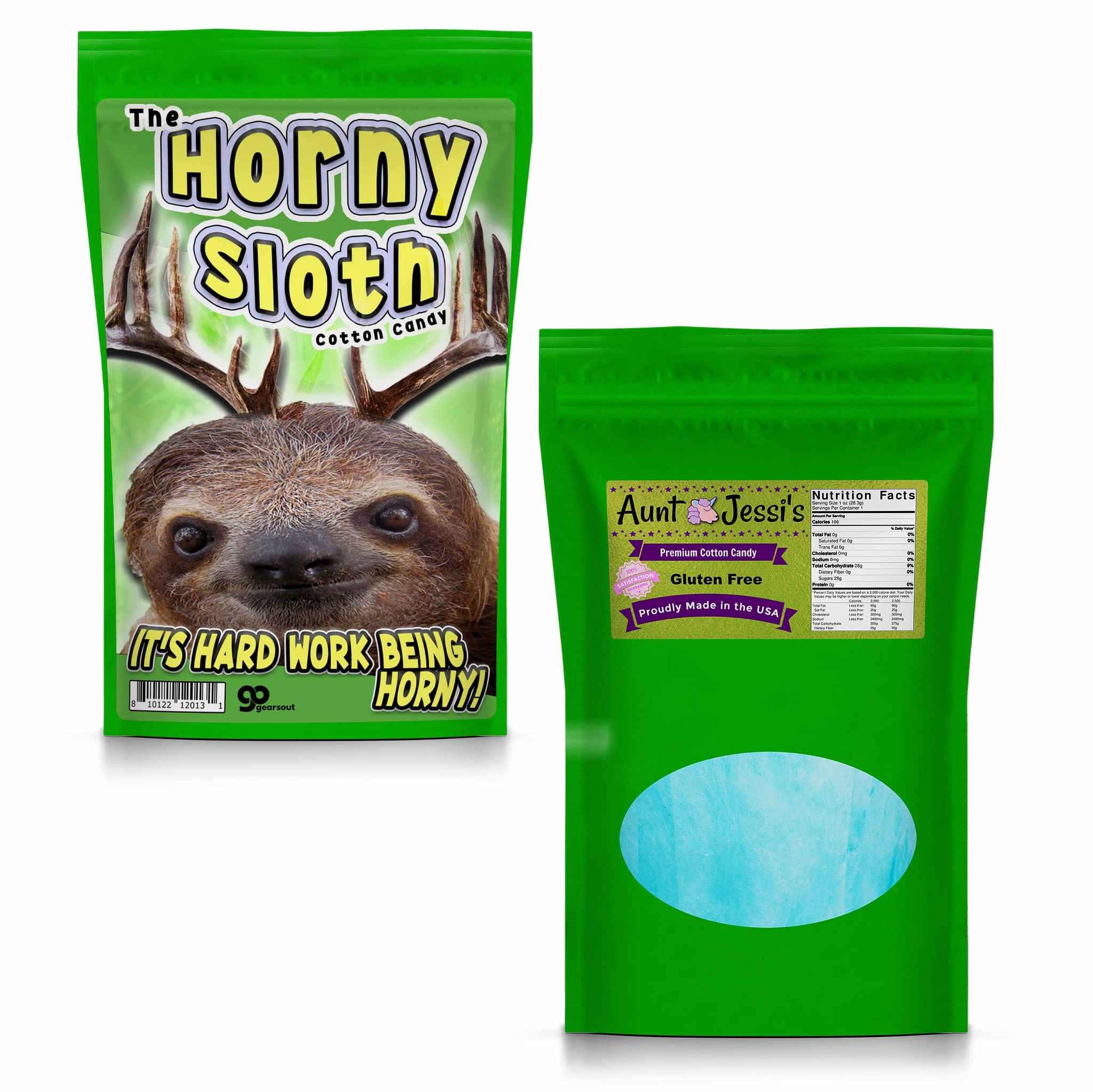 Horny Sloth Blue Cotton Candy, Gourmet Novelty Candy for Adults, Gluten-Free Fun Candy Gift Basket Filler Item for Women and Men, Unique Candy Gag