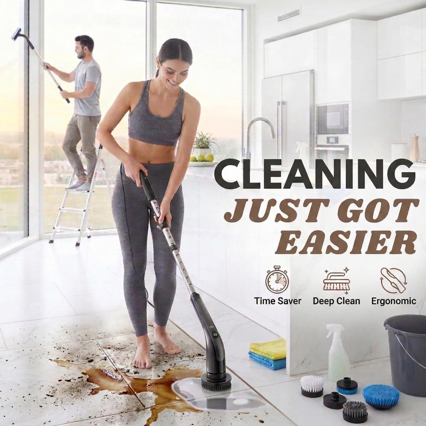 LIVINGPRO Electric Spin Scrubber with LCD Display, Cordless Cleaning Scrubber for Home, Upgraded 70W High-Power Motor, IPX7 Waterproof Dual Speed