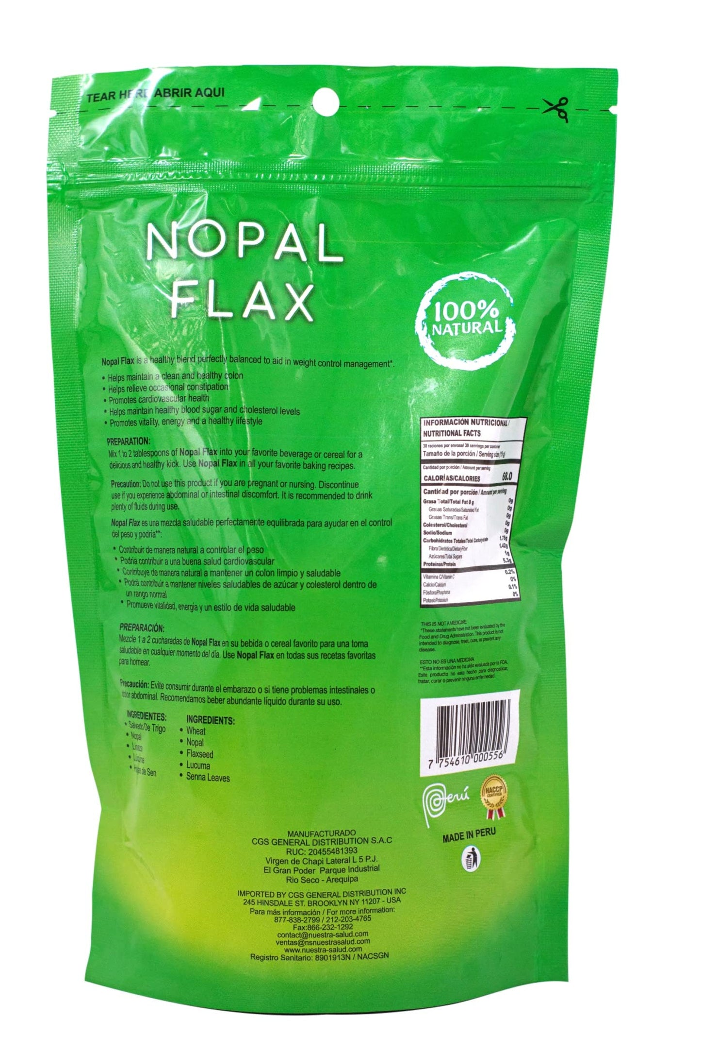 Nuestra Salud - Nopal Flax Linaza Plus Value Pack (3 bags) Colon Cleanse Fiber Flaxseed Original 454g