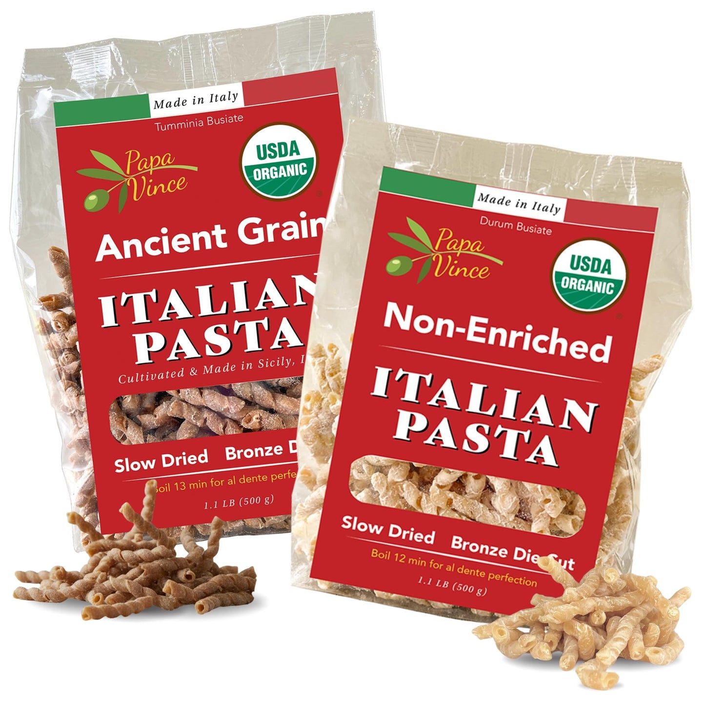 Papa Vince Organic Whole Wheat Pasta - Non enriched, no bleached made from ancient grains durum & timilia grown in Sicily, Italy. No funny taste, al