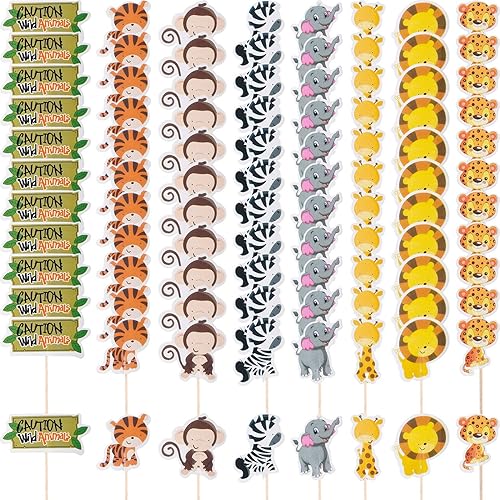 96 Pieces Safari Cupcake Toppers Jungle Animal Cupcake Picks Tiger Zebra Monkey Leopard Elephant Giraffe Lion Toothpicks Zoo Theme Cake Decorations