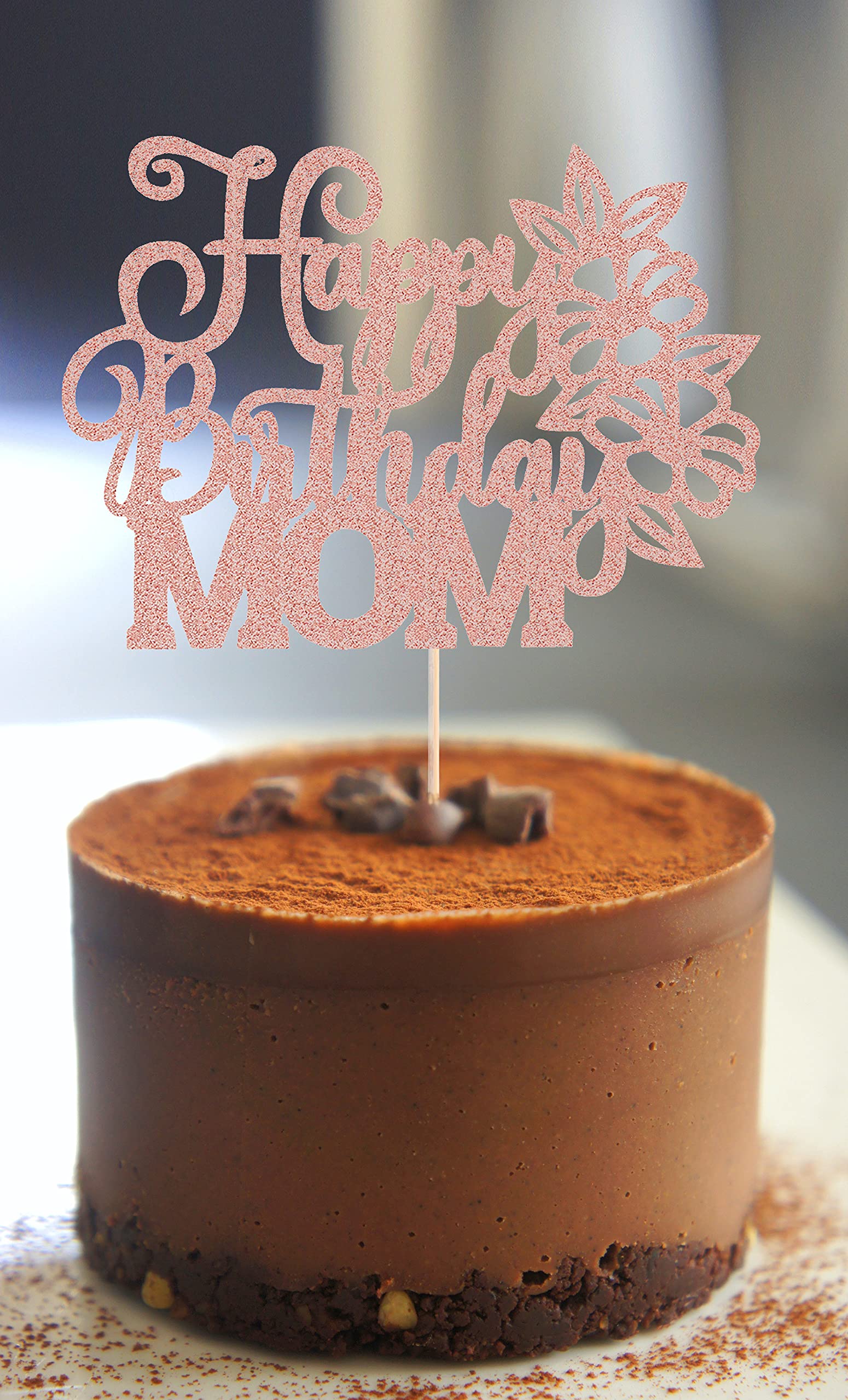 AHAORAY Happy Birthday Mom Cake Topper - Rose Gold Glitter Flower Mother's Birthday Cake Decoration Supply - Mother's Day Party Cake Topper