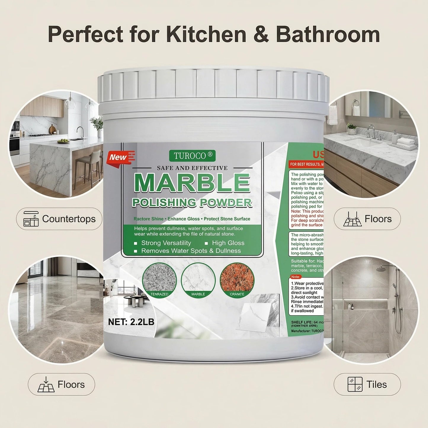 Turoco Marble Polishing Powder 2.3LB for Stone Restoration, Stone Polish Compound for Marble, Granite and Natural Stone