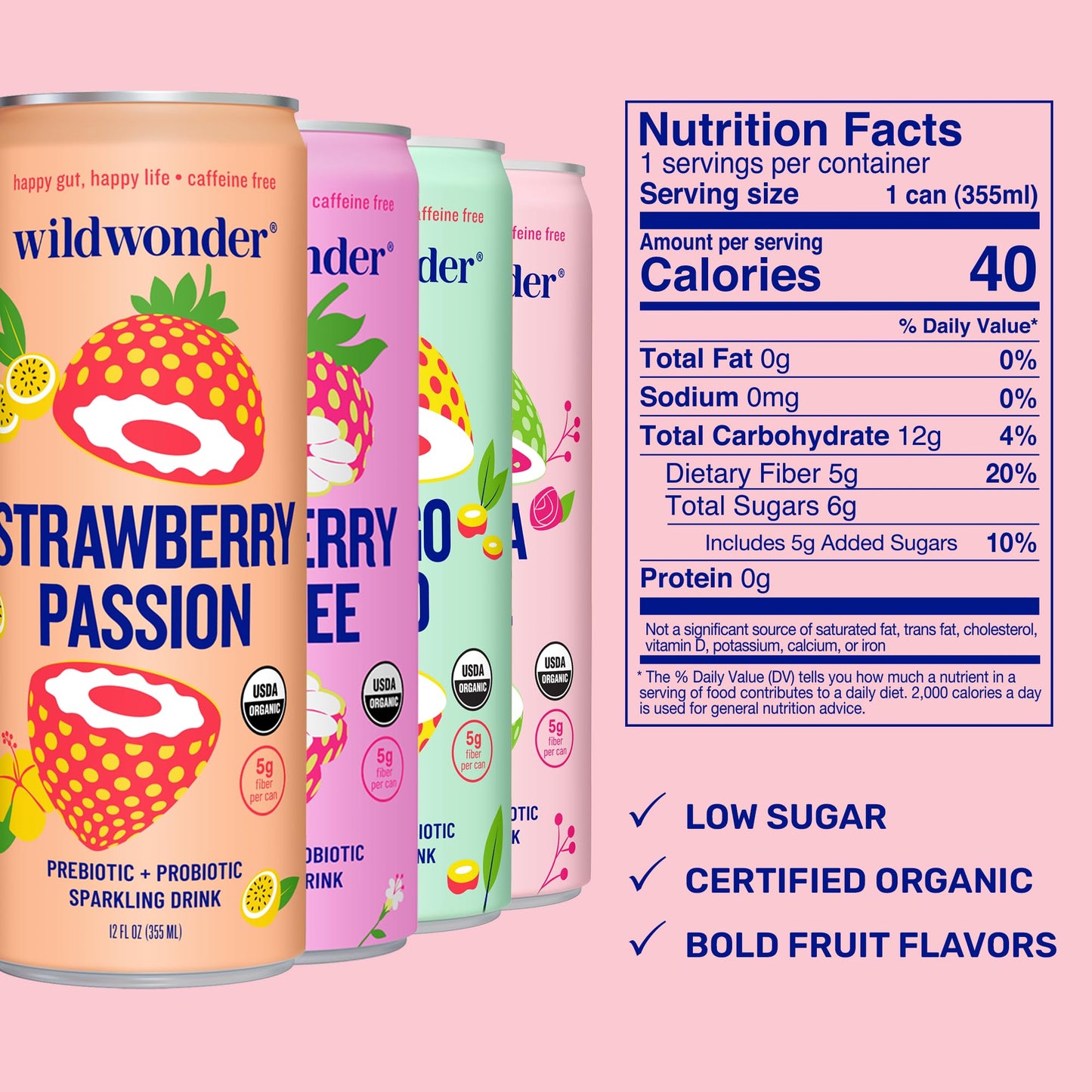 wildwonder Sparkling Probiotic Drink 12pk, For Gut Health & Immune Support, Classic Variety Pack, 5g Prebiotic Fiber, Live Probiotics, Organic, Vegan