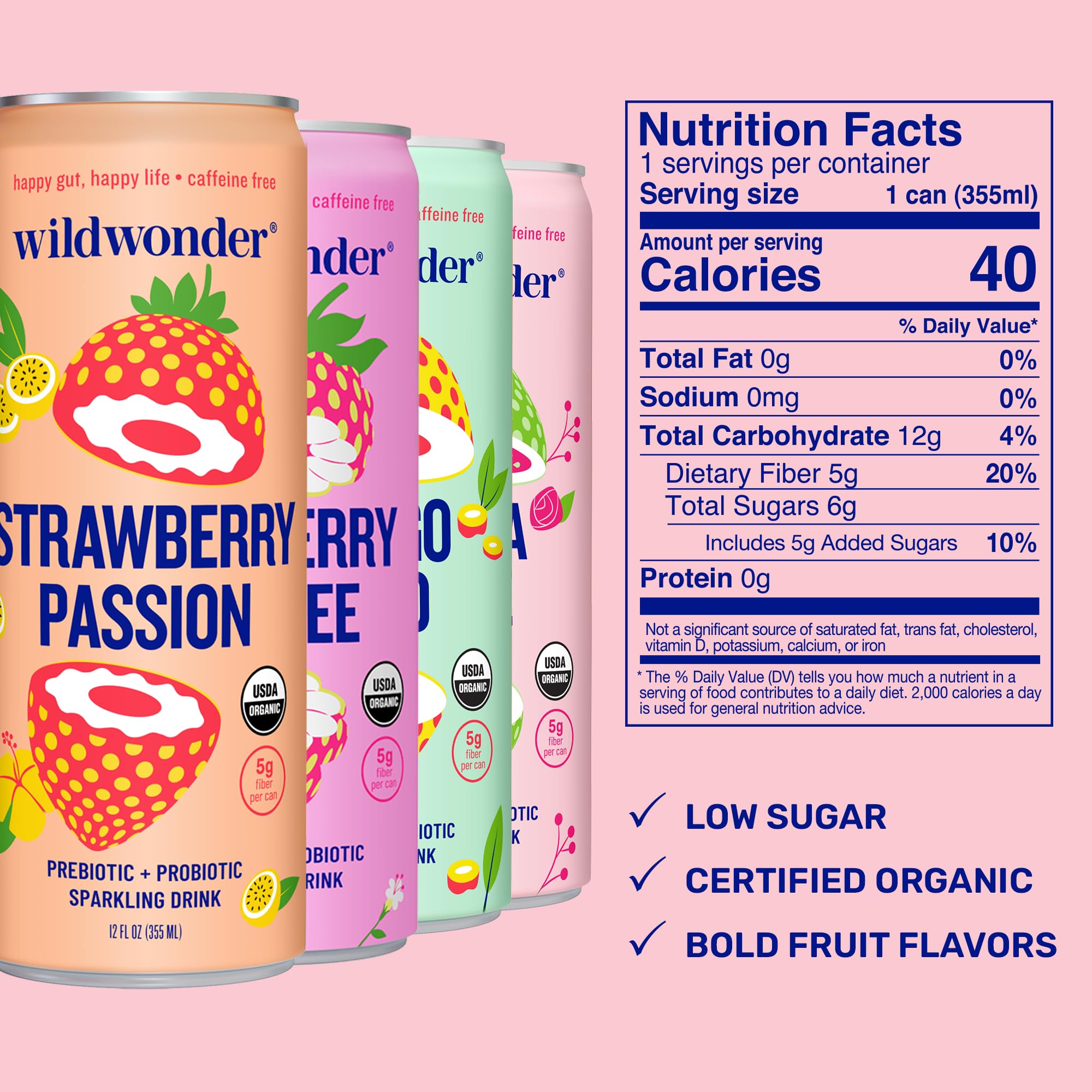 wildwonder Sparkling Probiotic Drink 12pk, For Gut Health & Immune Support, Classic Variety Pack, 5g Prebiotic Fiber, Live Probiotics, Organic, Vegan