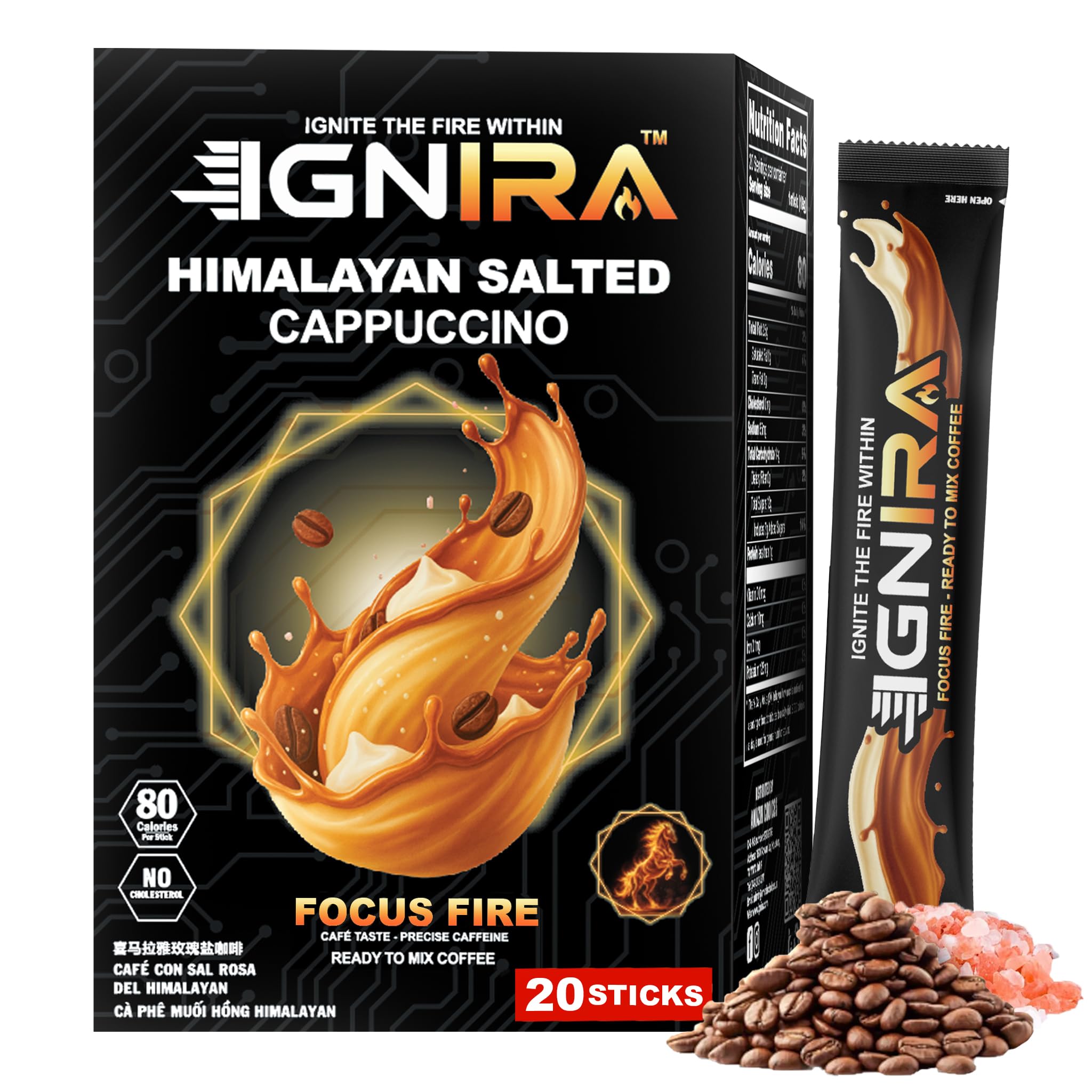 IGNIRA Himalayan Salted Cappuccino - Blend Rich Flavor, Premium Robusta Instant Salted Coffee Packets, Hot or Iced Milk Coffee, Smooth Salted Flavor