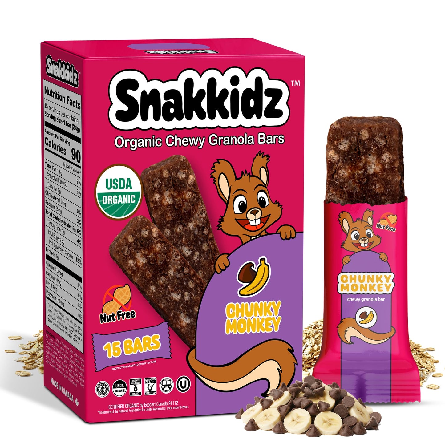 Snakkidz Organic Chewy Granola Bars for Kids, Allergen-Free, Nut-Free, Gluten-Free, Low Sugar Snack Bars Made with Avocado Oil, Individually Wrapped