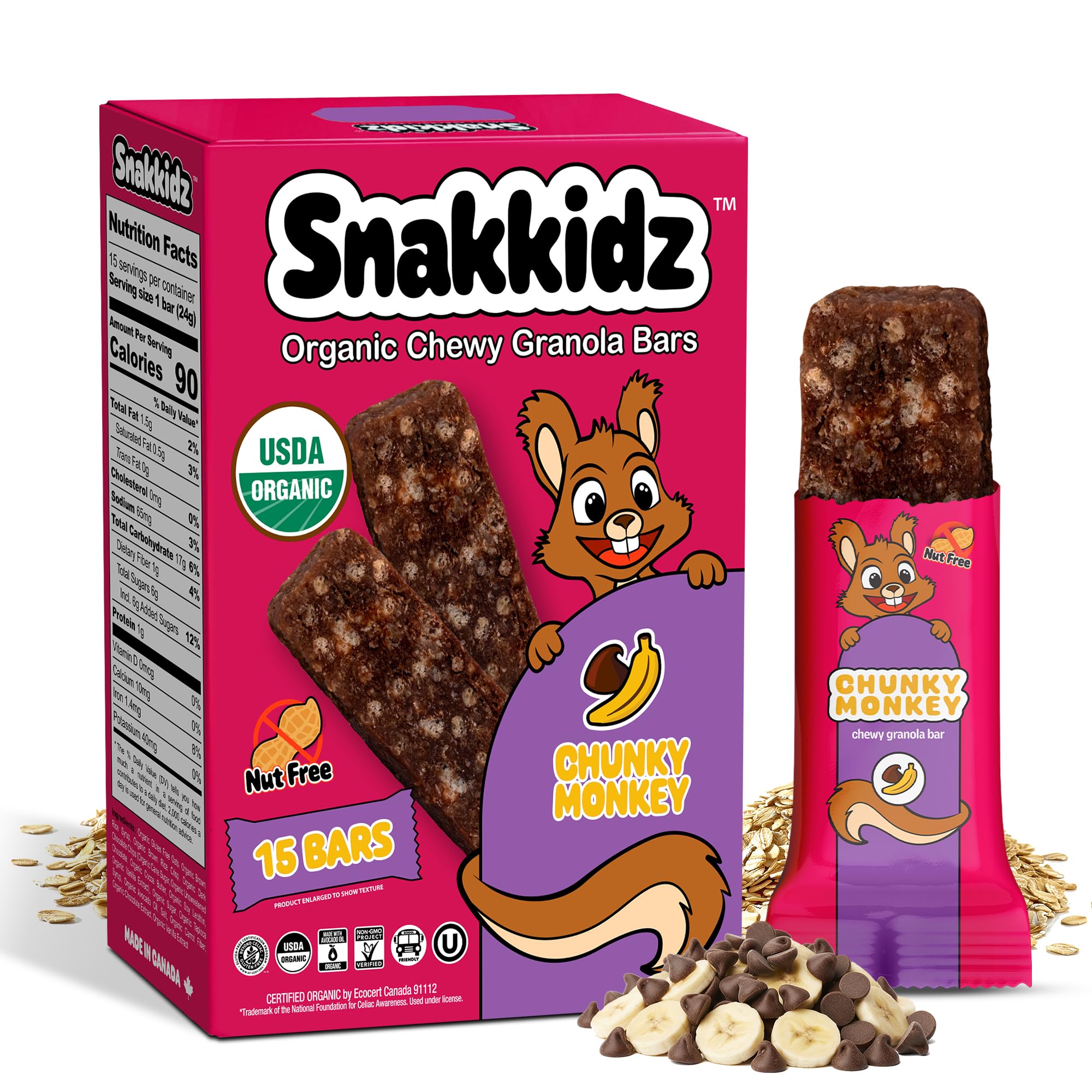 Snakkidz Organic Chewy Granola Bars for Kids, Allergen-Free, Nut-Free, Gluten-Free, Low Sugar Snack Bars Made with Avocado Oil, Individually Wrapped