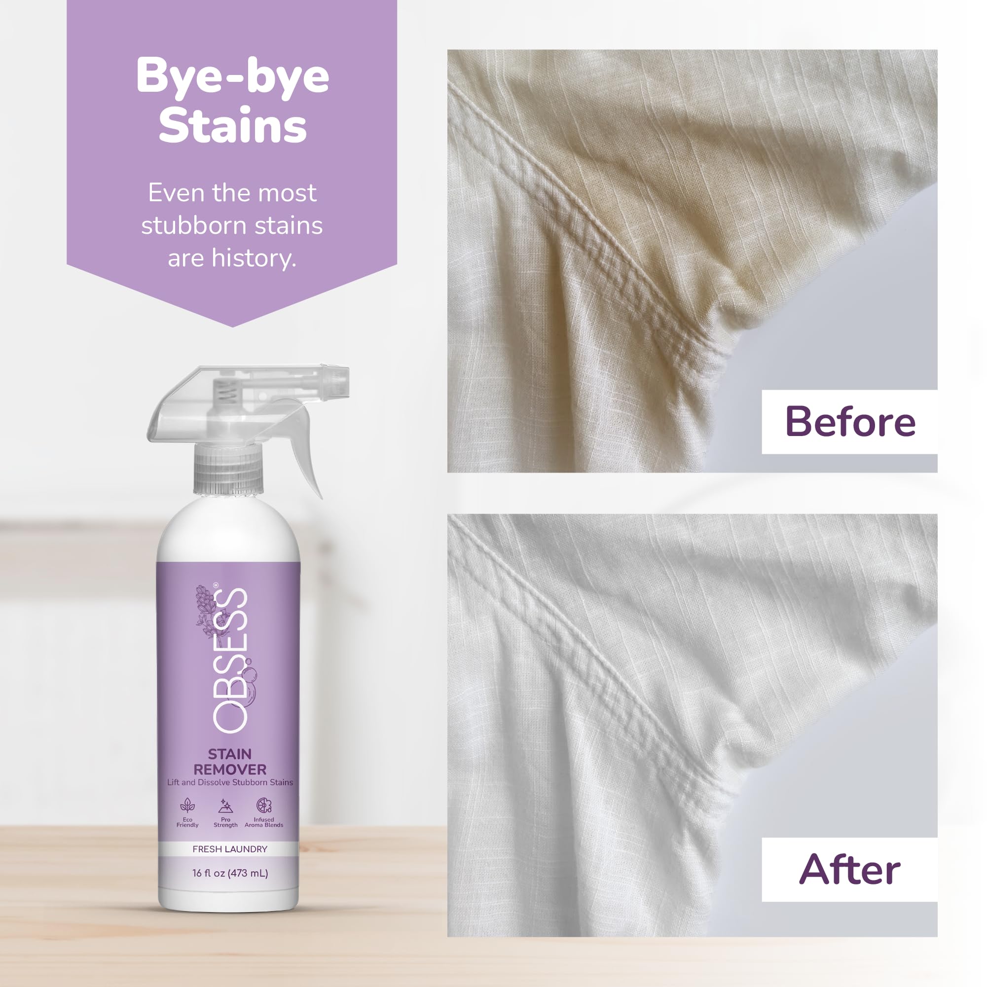 OBSESS Stain Remover 16 Oz., Laundry Stain Remover for Clothing, Upholstery and Carpet, Removes Tough Stains, Bio-Based and Non-Toxic Formula