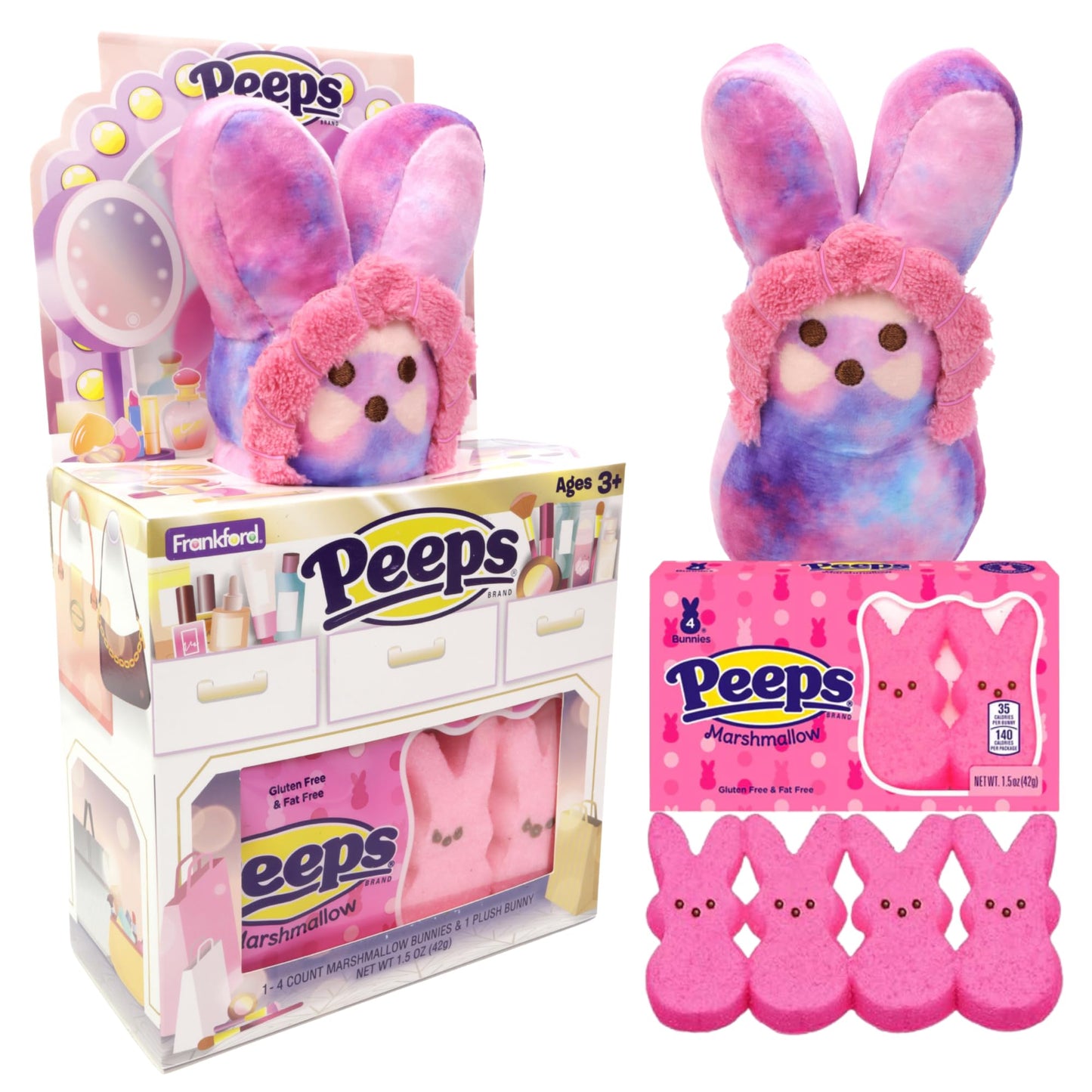 Pink Peeps Marshmallow Gift Set, Get Ready With Me Bunny Plush, Easter Basket Stuffer for Girls, 1.5 Ounces
