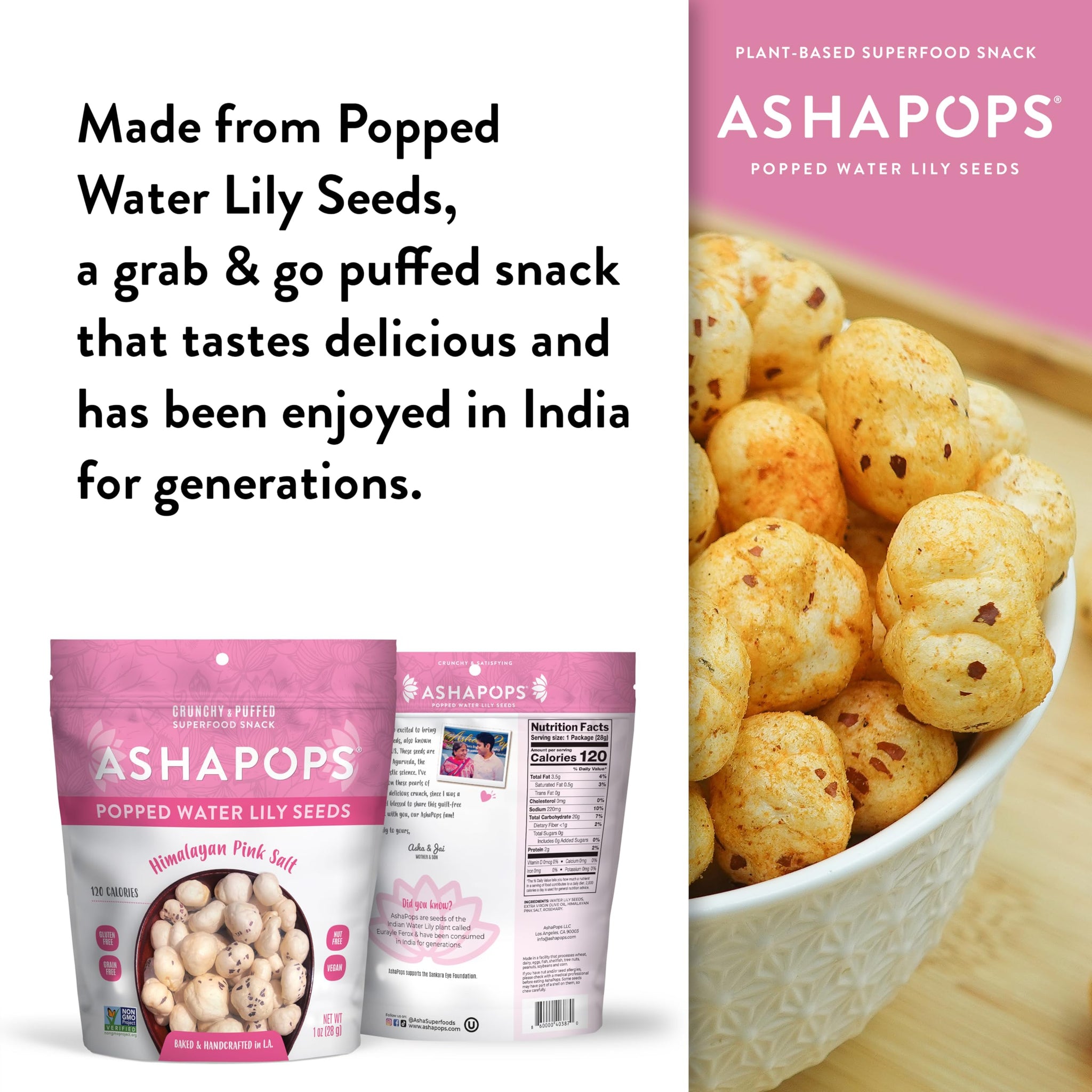 AshaPops Himalayan Pink Salt Flavored Popped Water Lily Seeds, 1 oz (Pack of 6) - Gluten-Free, Vegan, Paleo, Nut-Free, Corn-Free, Soy-Free, Non-GMO