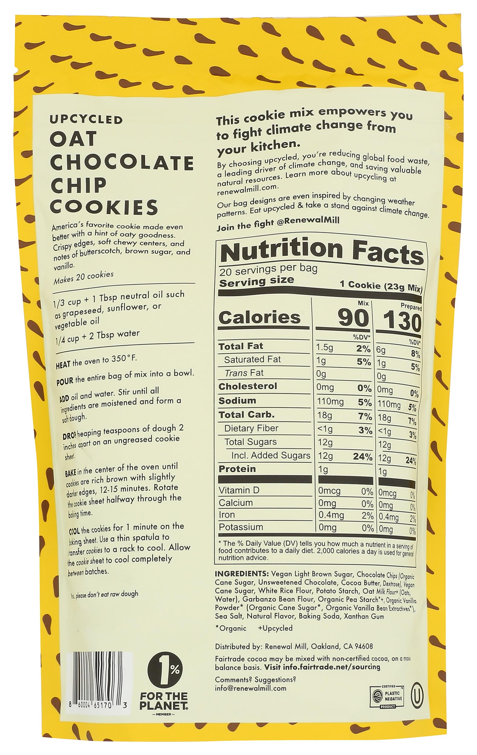 Renewal Mill Upcycled Oat Chocolate Chip Cookie Mix, 16 OZ (1 Pack)