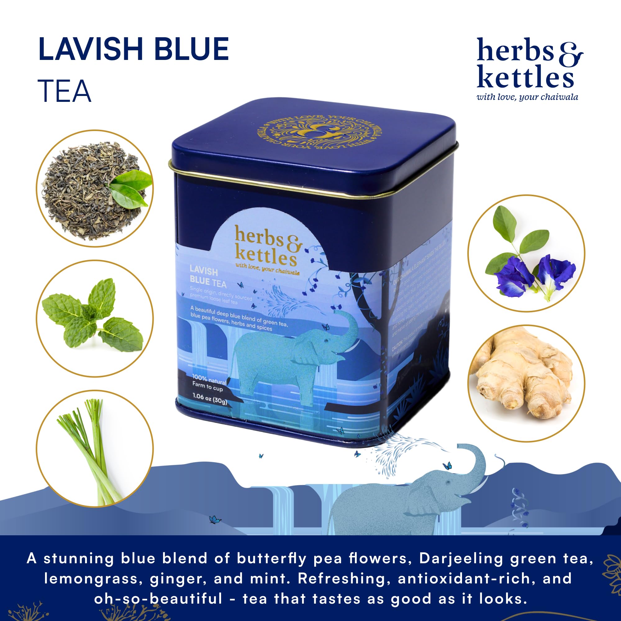 Herbs & Kettles Lavish Blue Tea | Butterfly Pea Flower & Darjeeling Green Tea with Lemongrass, Ginger & Mint | Color-Changing Herbal Tea | 1.06 oz