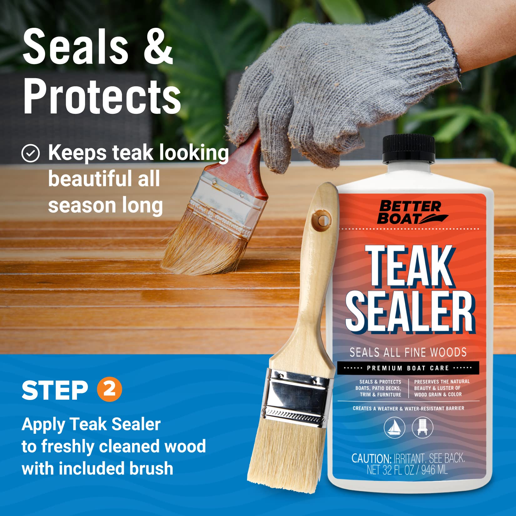 Better Boat Teak Cleaner and Sealer Kit, Includes Brightener, for Wood Restoration, Outdoor Furniture, Boats, Indoor Furniture, Shower Stools, Cleans