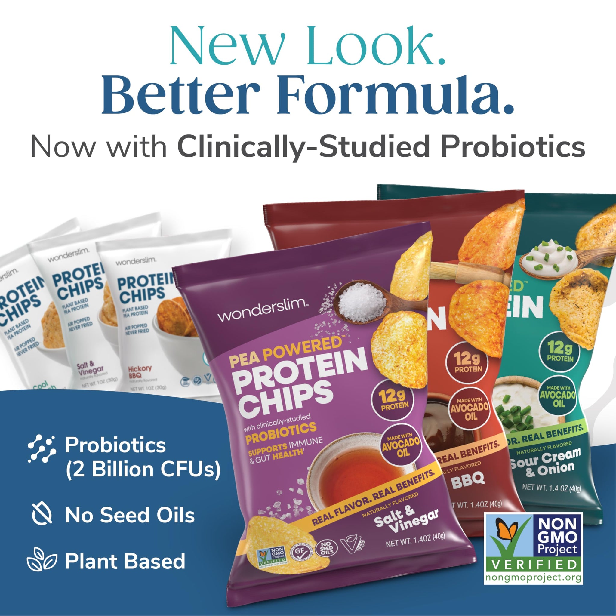Wonderslim Protein Chips with Probiotics, Variety Pack | 12g Plant Protein, 170 Cal | High Protein Chips, Vegan, Gluten Free, Non-GMO | Made