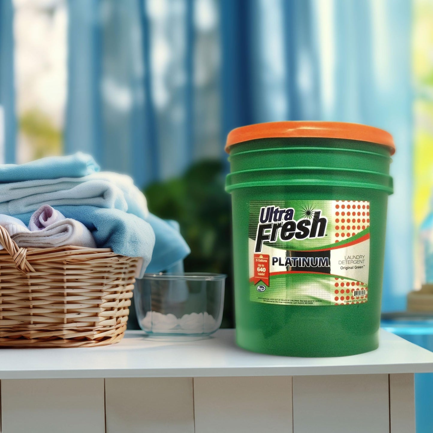 Ultra Fresh 3X Platinum Laundry Detergent, 5 Gallon, Bundled with Platinum Spring Fresh Fabric Softener and Pump, Up to 640 Loads, Orange/Blue