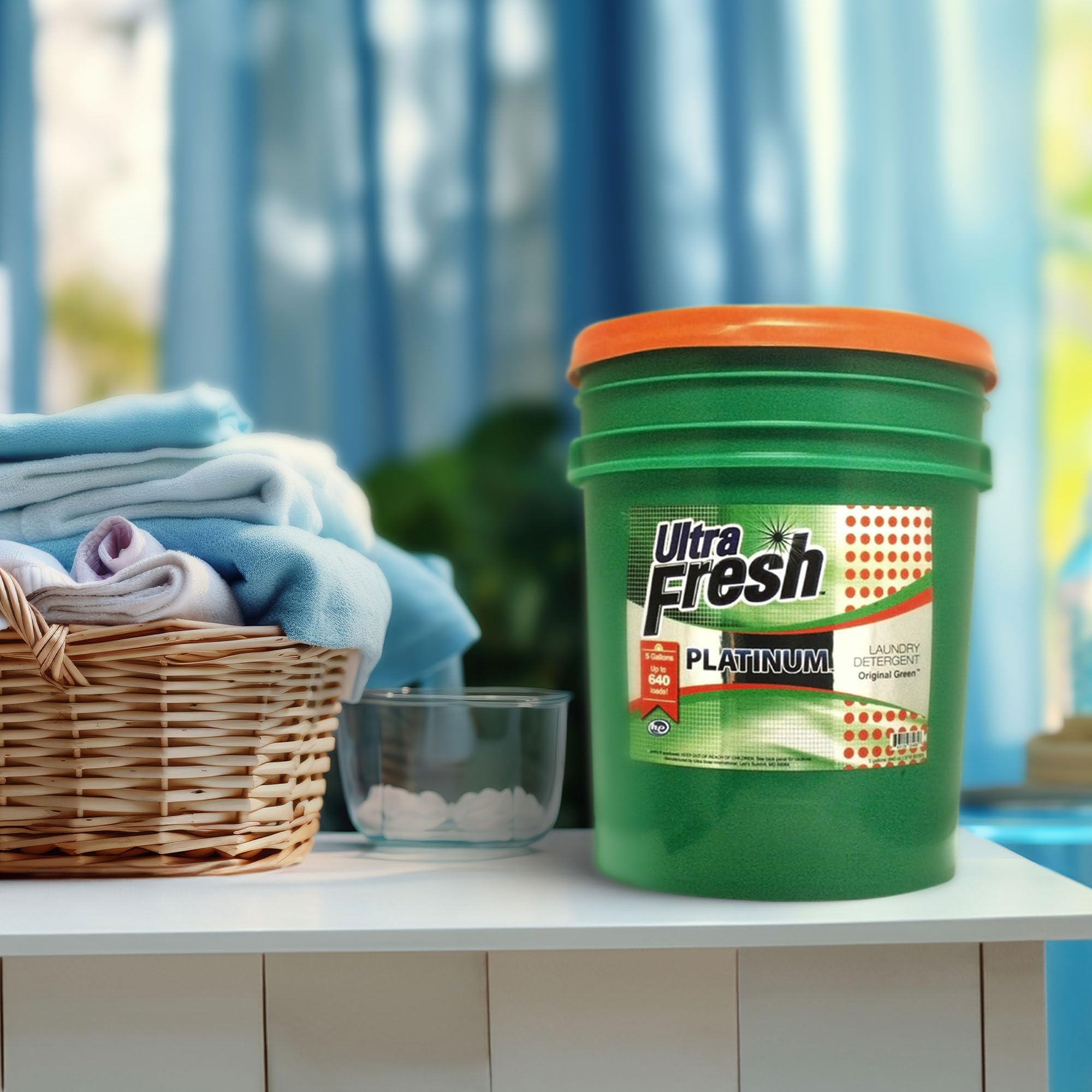 Ultra Fresh 3X Platinum Laundry Detergent, 5 Gallon, Bundled with Platinum Spring Fresh Fabric Softener and Pump, Up to 640 Loads, Orange/Blue