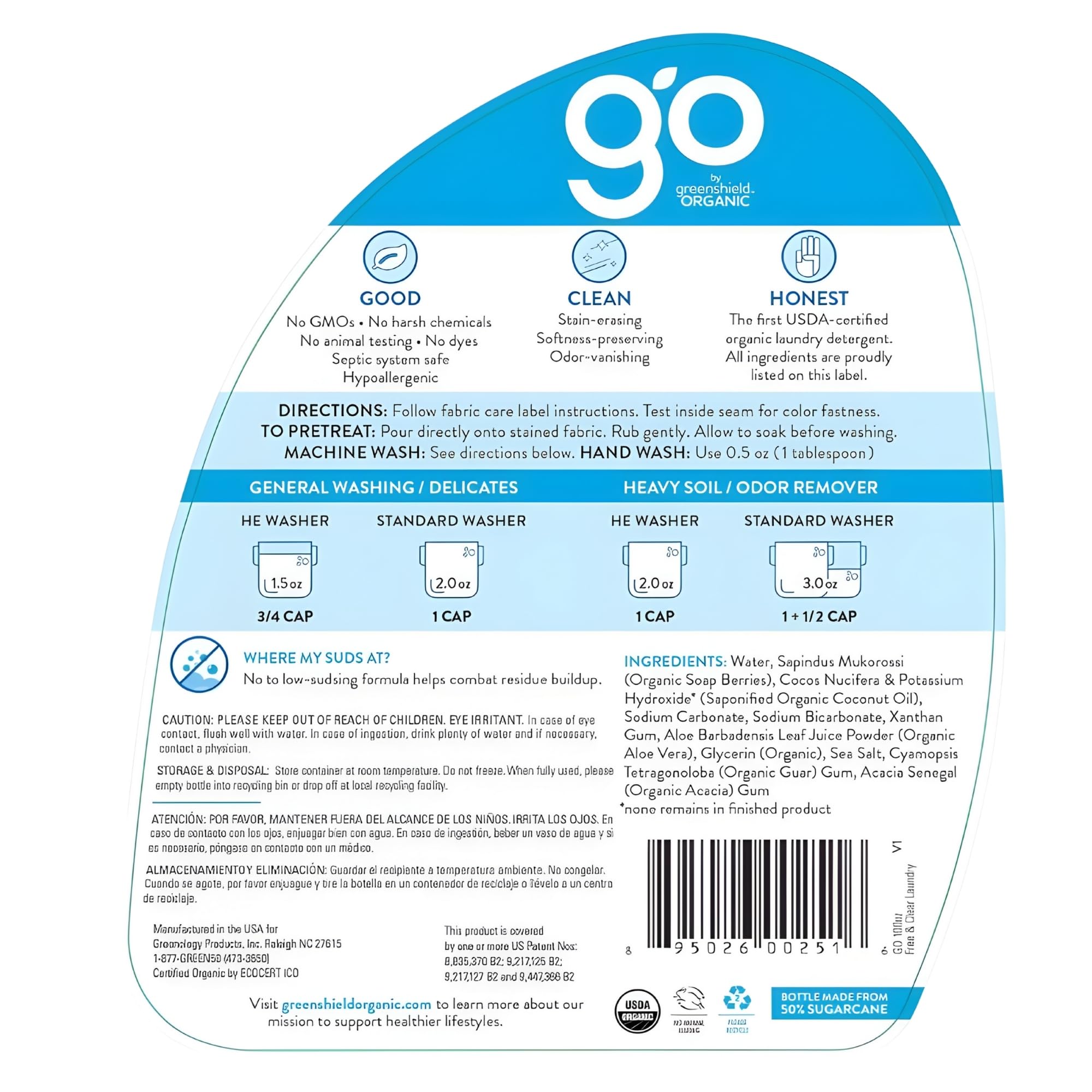 GO by greenshield Organic, USDA Certified Organic 100 oz. Laundry Detergent- Free & Clear