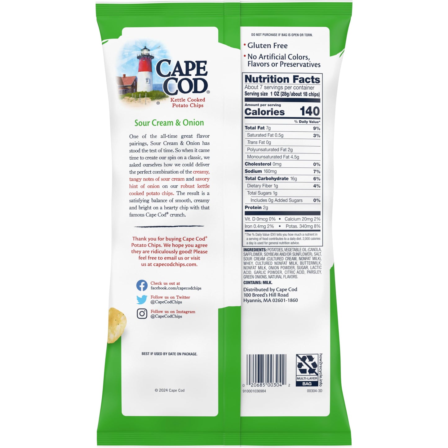 Cape Cod Potato Chips, Sour Cream and Onion Kettle Cooked Chips, 7.5 Oz