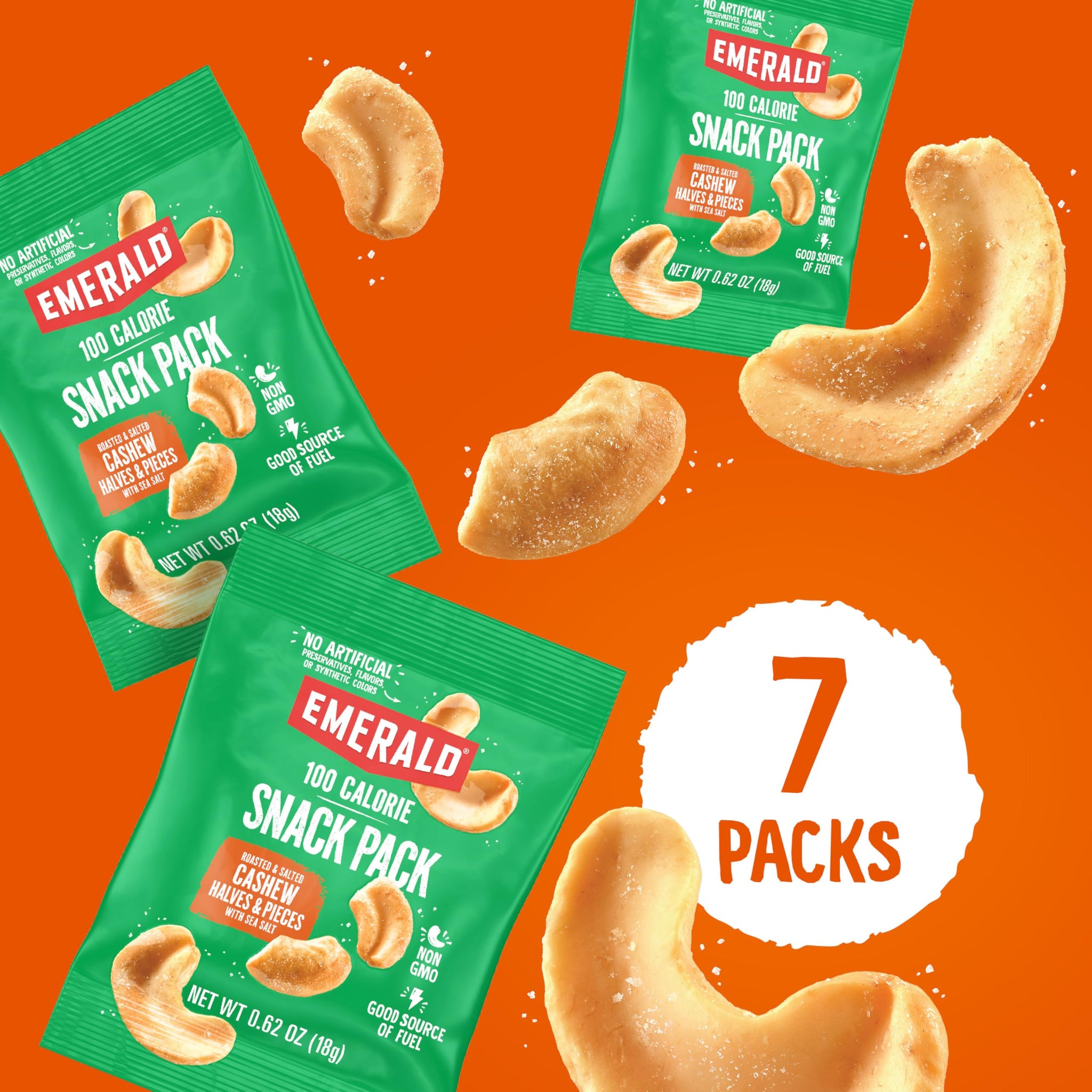 Emerald Nuts Roasted and Salted Cashews 7ct (1-Pack), 100-Calorie Individual Packs, Plant-Based Protein, Kosher Certified, Non-GMO, Contains No