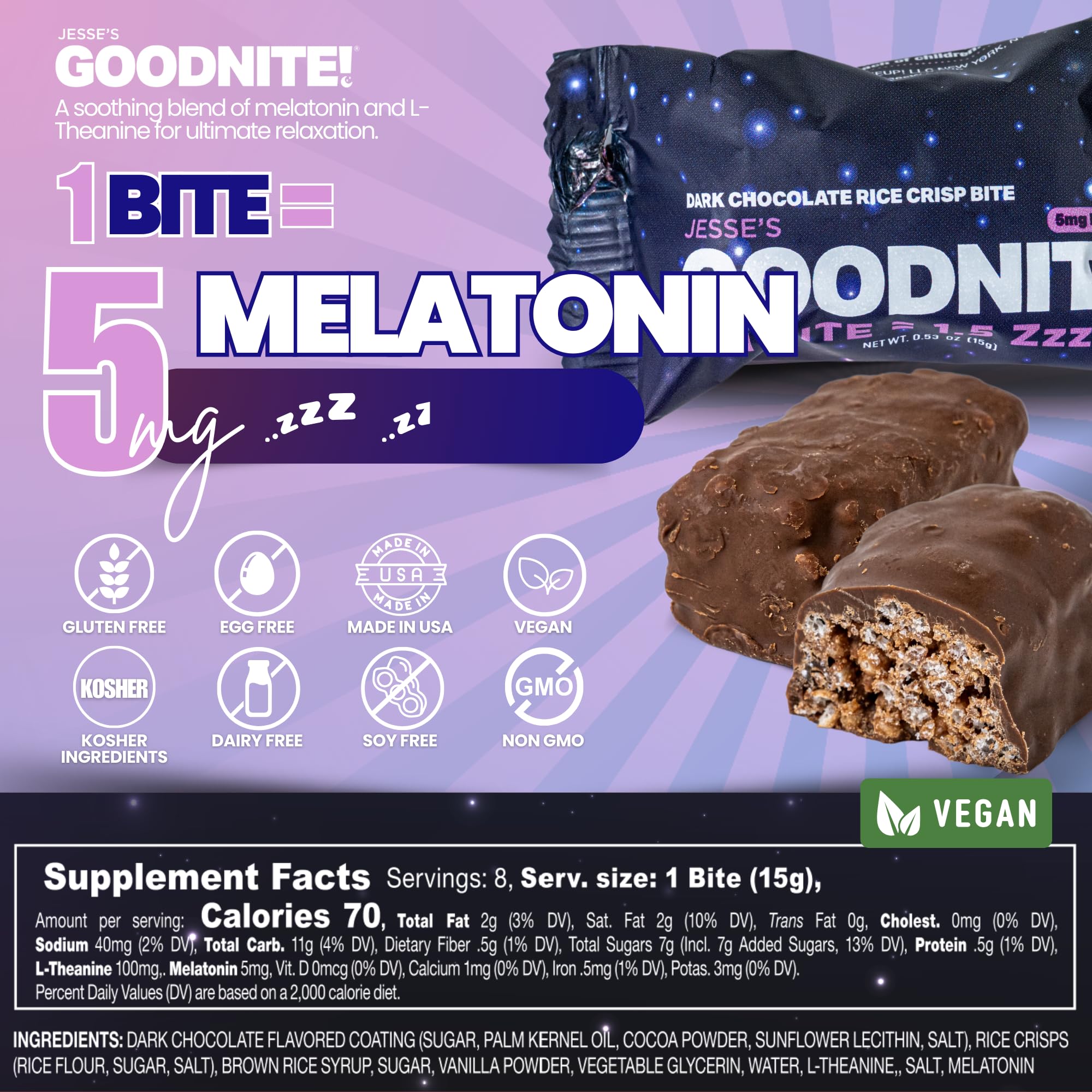 GOODNITE Sleep Bites - 5mg Melatonin + L-Theanine Dark Chocolate Mini Bites - Relaxing Bedtime Snack - No Morning Grogginess - Vegan Gluten-Free - 8