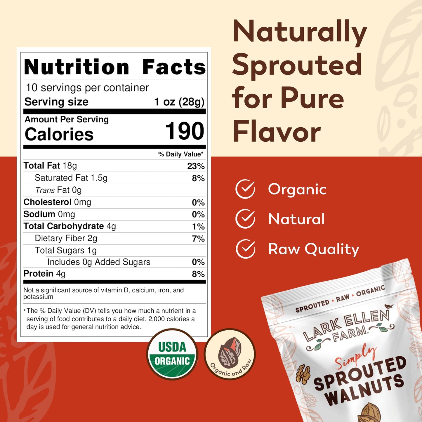 Lark Ellen Farm Organic Sprouted Walnuts - Raw, Unsalted, Keto-Friendly, Healthy Vegan Snack, Gluten-Free, 10 Oz, 3 Pack