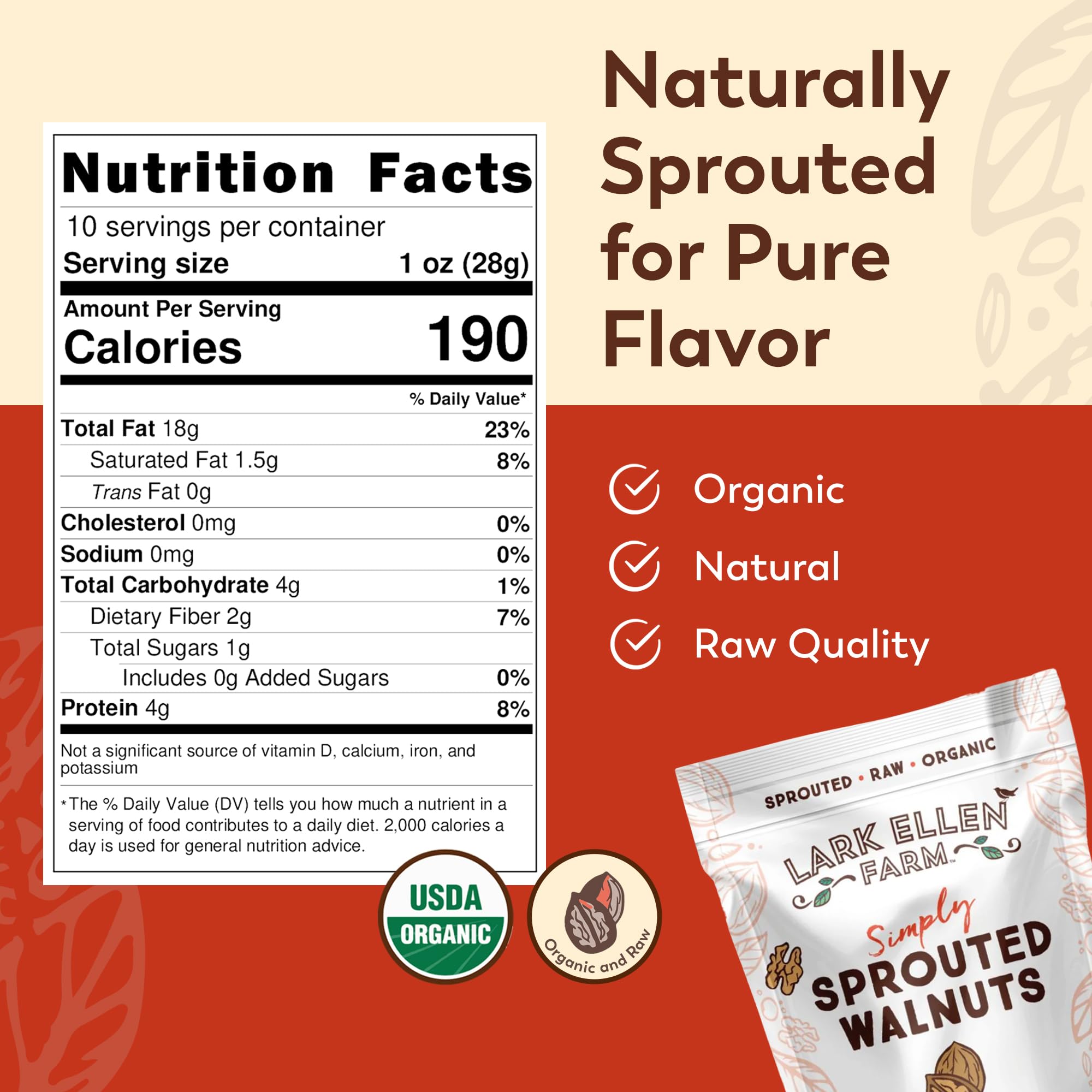 Lark Ellen Farm Organic Sprouted Walnuts - Raw, Unsalted, Keto-Friendly, Healthy Vegan Snack, Gluten-Free, 10 Oz, 3 Pack