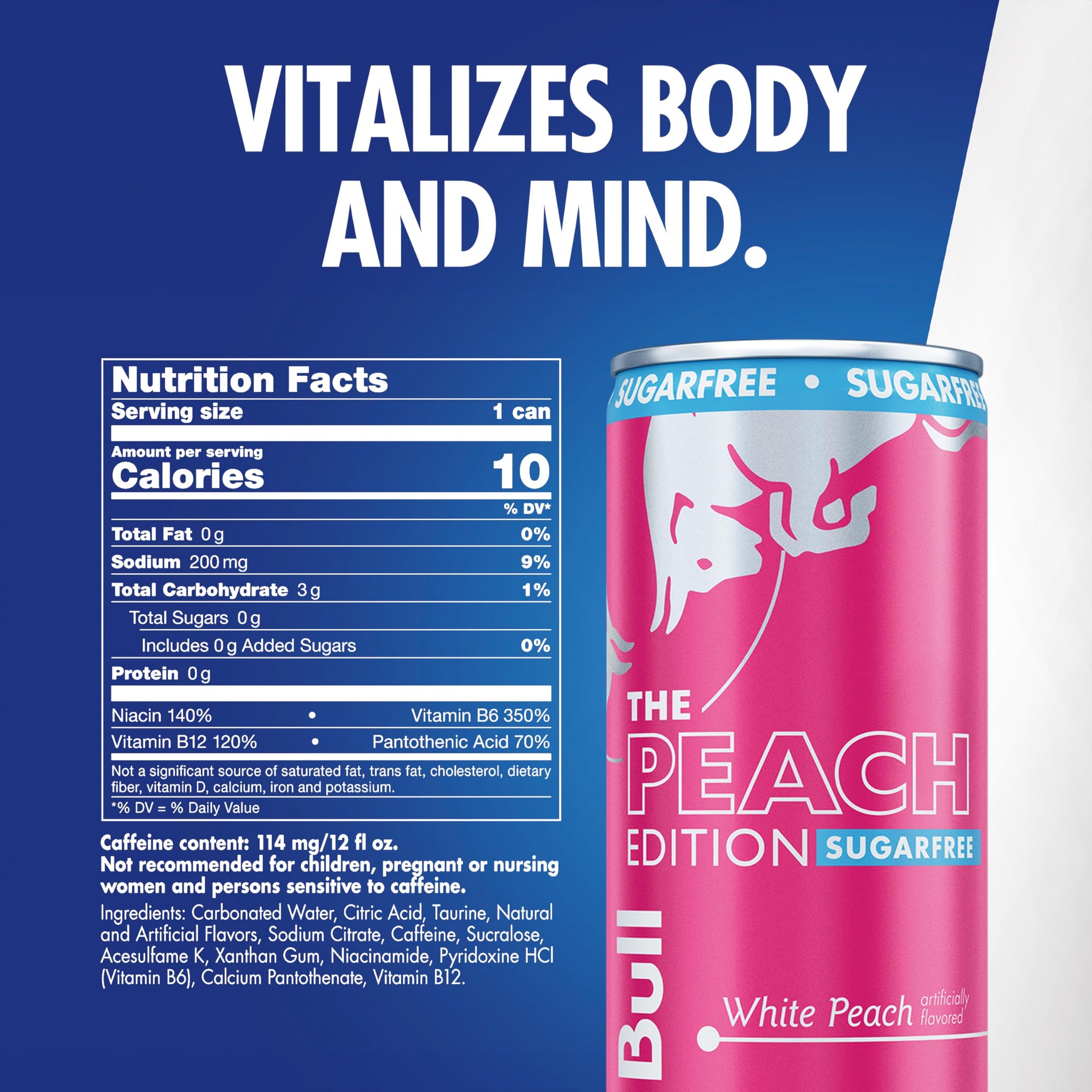 Red Bull Peach Edition Sugarfree Energy Drink, White Peach, 12 fl. oz. can, with 114mg Caffeine, Taurine & B Vitamins