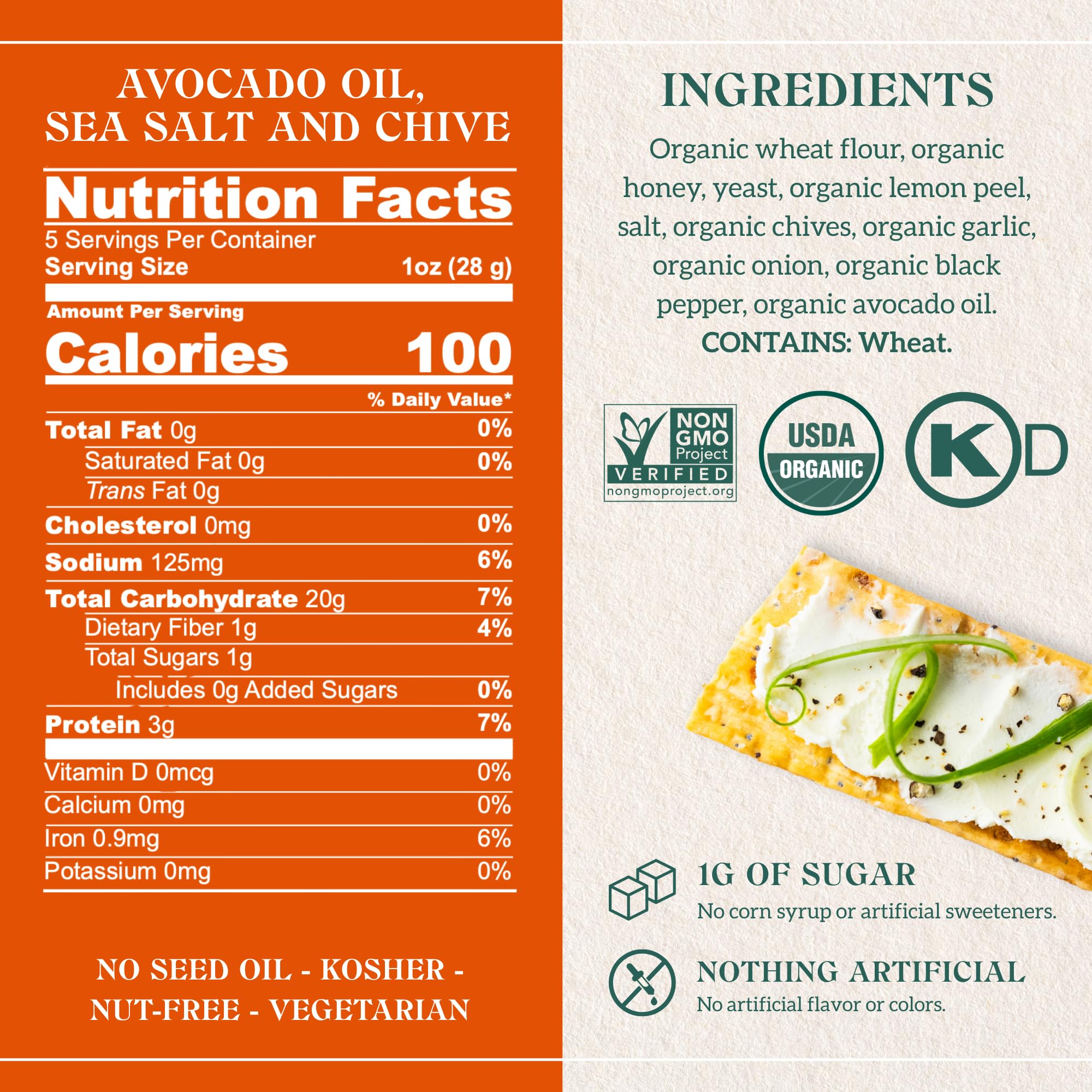 Firehook Avocado Oil, Sea Salt & Chive Crackers - Artisan Baked, Uniquely Crunchy, Made with Organic Ingredients - USDA Organic, Non-GMO, Kosher - 5.5