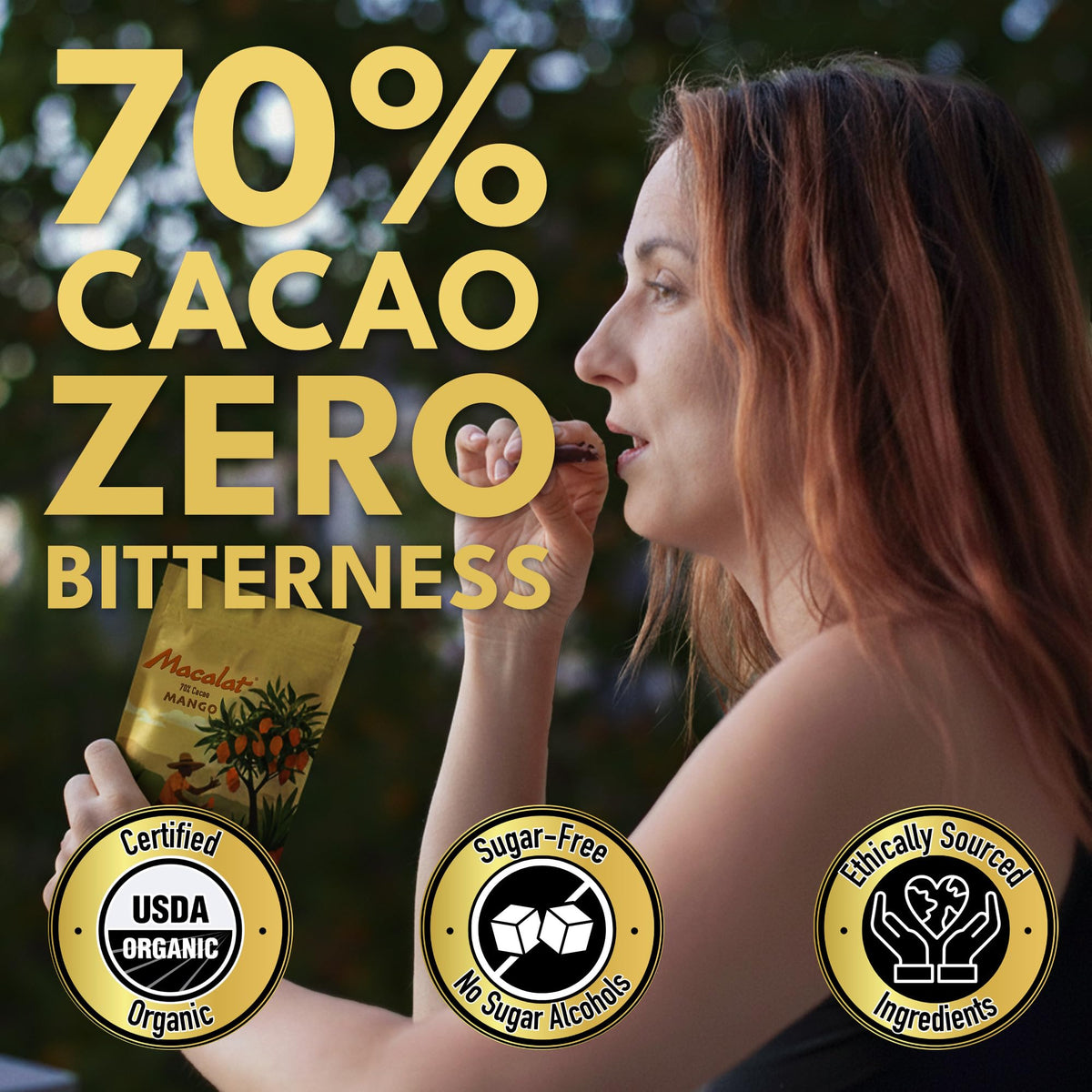 MACALAT Sugar Free Dark Chocolate Covered Mango Slices, 70% Cacao, Organic
