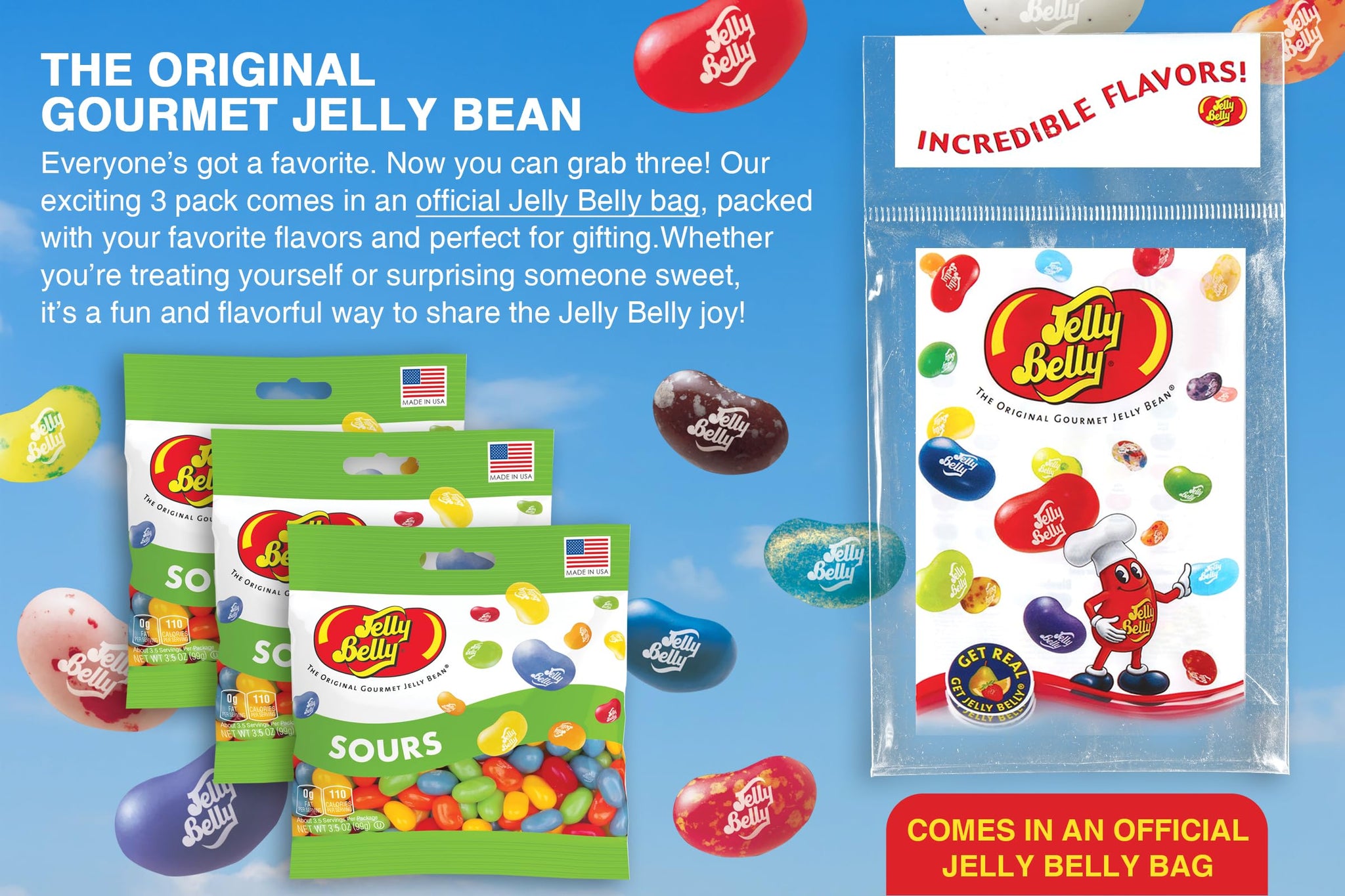 Jelly Belly Sours Mix Jelly Beans, 3.5 oz Grab & Go Bags - Pack of 3 sold in Jelly Belly Bag
