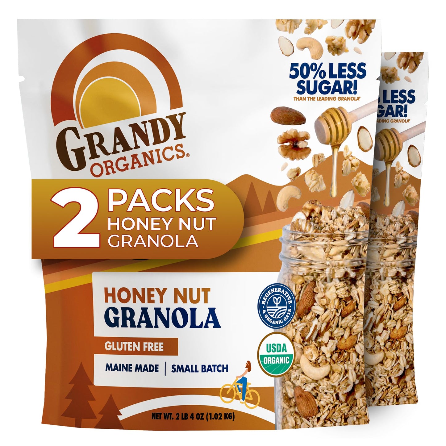 Grandy Organics Honey Nut Granola - Certified Organic & Gluten Free Granola - 8g Protein - Non GMO & Kosher - Oats, Honey, Seeds & Nuts - 2 Pack, 2