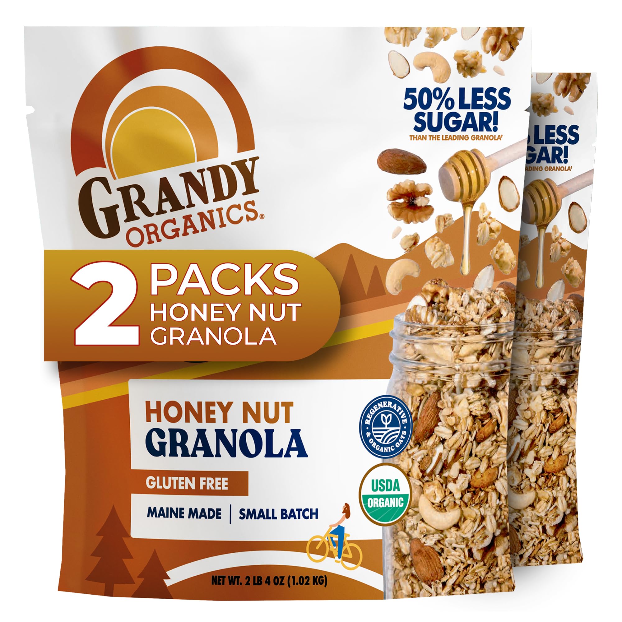 Grandy Organics Honey Nut Granola - Certified Organic & Gluten Free Granola - 8g Protein - Non GMO & Kosher - Oats, Honey, Seeds & Nuts - 2 Pack, 2