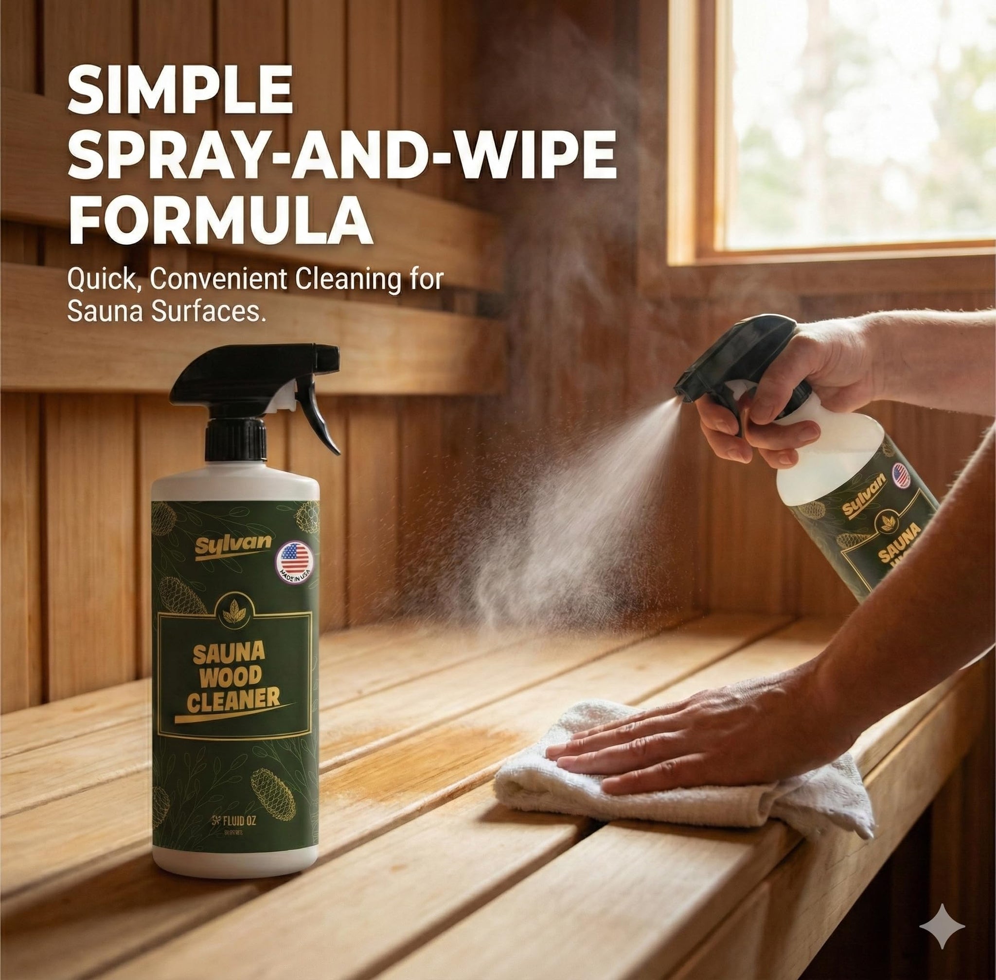 Sylvan Hills Sauna Wood Cleaner 32 oz | Made in the USA | Sauna Spray removes Stains, Sweat & Odors | Fast-Drying & Streak-Free Formula | Natural Wood